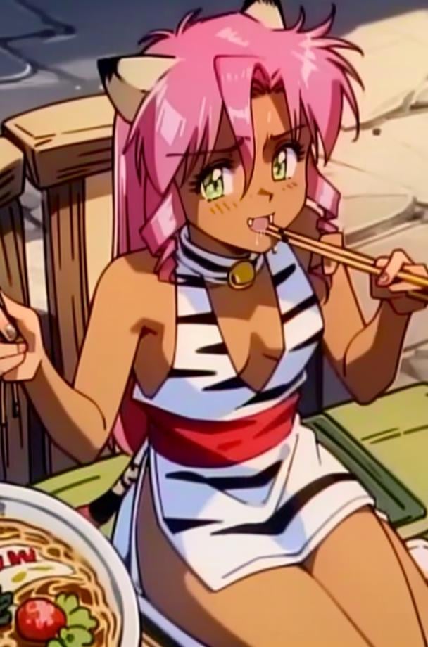 1girl, 90's anime style, PinkCzar, ((white tiger ears), (white tiger tail), long hair, pink hair, sidelocks, green eyes, small breasts), (tiger print, slit dress, red sash), (sitting, restaurant, table, chair, ramen, eating, eating ramen, chopsticks, holding chopsticks, happy, mouth open, fangs), (masterpiece:1.2), hires, (detailed face:1.2), (detailed eyes:1.2), ultra-high resolution, 8K, high quality, (sharp focus:1.2), clean, crisp, cinematic, <lora:Pink-18:1>, <lora:betterrameneating_11:1>