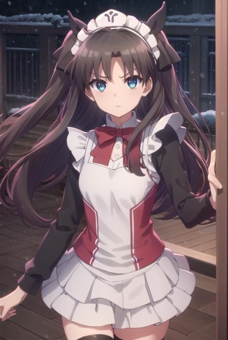 rintohsaka, <lora:rin tohsaka prisma s2s3-lora-nochekaiser:1>,rin tohsaka, long hair, black hair, two side up, aqua eyes, bow, hair bow,BREAK thighhighs, dress, frills, black thighhighs, zettai ryouiki, long sleeves, maid, maid headdress, red dress,BREAK outdoors, snow,BREAK looking at viewer, (cowboy shot:1.5), dynamic pose,BREAK <lyco:GoodHands-beta2:1>, (masterpiece:1.2), best quality, high resolution, unity 8k wallpaper, (illustration:0.8), (beautiful detailed eyes:1.6), extremely detailed face, perfect lighting, extremely detailed CG, (perfect hands, perfect anatomy),