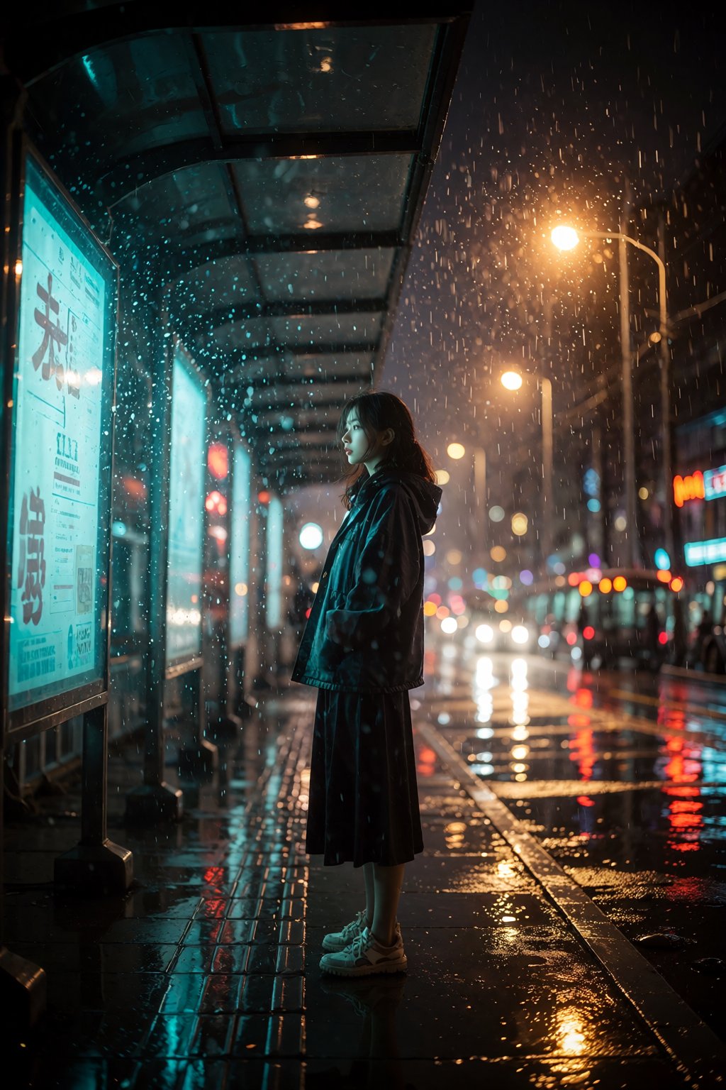 A Chinese woman,  filmmood,  a cinematic wide shot of a solitary woman standing at a rainy bus stop at night by 天海TianHai...