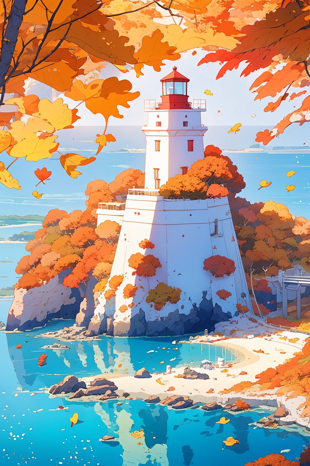 (seaside,autumn,:1.2), Wide sea,horizon,There is a small lighthouse on the small bridge,very detailed , realistic details , light particle effect, excellent work, extremely elaborate picture description,8k wallpaper, obvious light and shadow effects, ray tracing, obvious layers, depth of field, best quality,