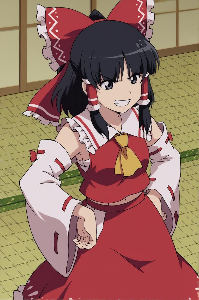 score_9, score_8_up, score_7_up,anime_source, source_anime, best background, detailed background, anime screencap,  Reimu, ascot, bow, detached sleeves, frills, miko, red bow, red skirt, ribbon trim, ribbon-trimmed sleeves, skirt, wide sleeves, yellow ascot, grin, hands on own hips, dynamic angle, indoors, tatami, <lora:JN_Hakurei_Reimu:0.8>