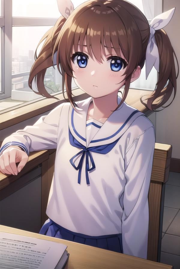 nanohatakamachi, <lora:nanoha takamachi movie2-lora-nochekaiser:1>,nanoha takamachi, takamachi nanoha, brown hair, twintails, blue eyes,BREAK long sleeves, ribbon, school uniform, serafuku, long sleeves, red ribbon, white sailor collar,BREAK indoors, classroom,BREAK looking at viewer, (cowboy shot:1.5),BREAK <lyco:GoodHands-beta2:1>, (masterpiece:1.2), best quality, high resolution, unity 8k wallpaper, (illustration:0.8), (beautiful detailed eyes:1.6), extremely detailed face, perfect lighting, extremely detailed CG, (perfect hands, perfect anatomy),