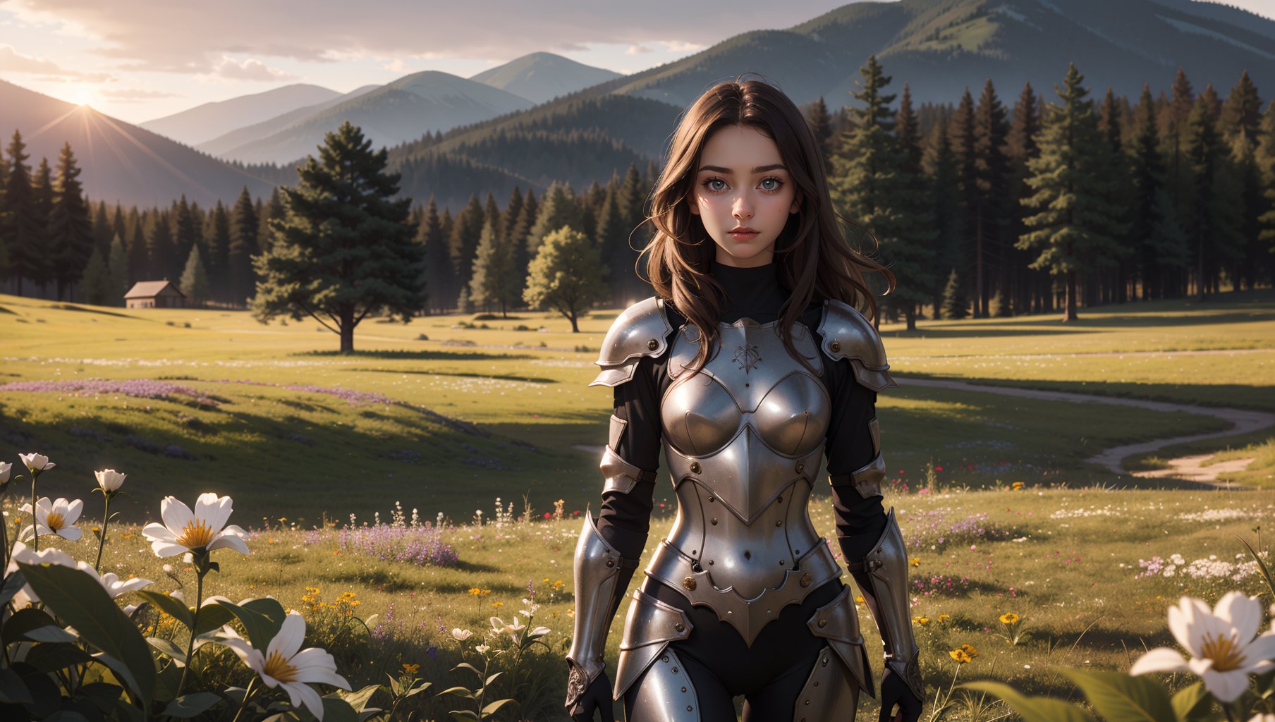 (masterpiece),(best quality),(extremely intricate),(sharp focus),(cinematic lighting),(extremely detailed),A young girl in armor,standing in a meadow of wildflowers. She has long brown hair adorned with wildflowers. Her expression is determined,and her eyes are shining with courage. The sun is shining brightly behind her,casting a golden glow over the scene.,flower4rmor,flower bodysuit,Flower,