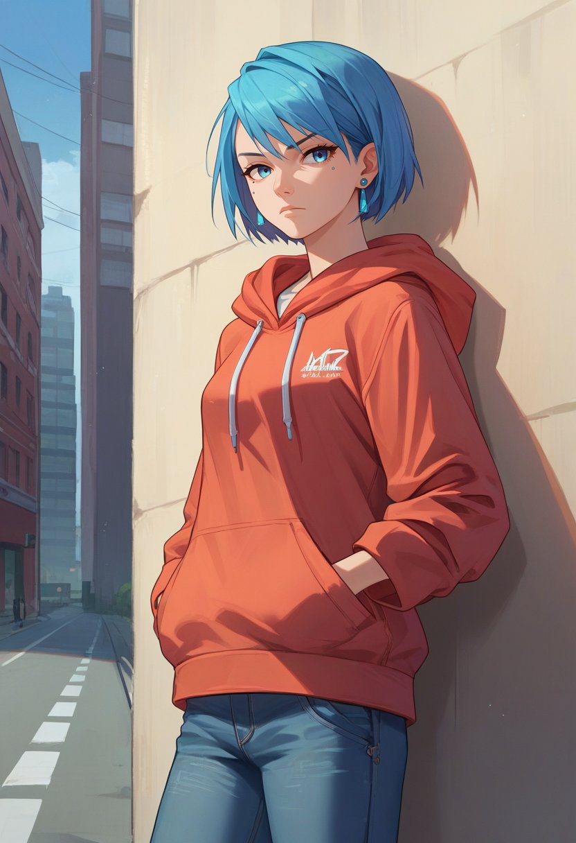 score_9, score_8_up, score_7_up, source_anime, solo, 1girl, aafranziska, expressionless, looking at viewer, hand in pocket, blue hair, hoodie, jeans, earrings, outdoors, city street <lora:aa_franziska_ponyXL:1>