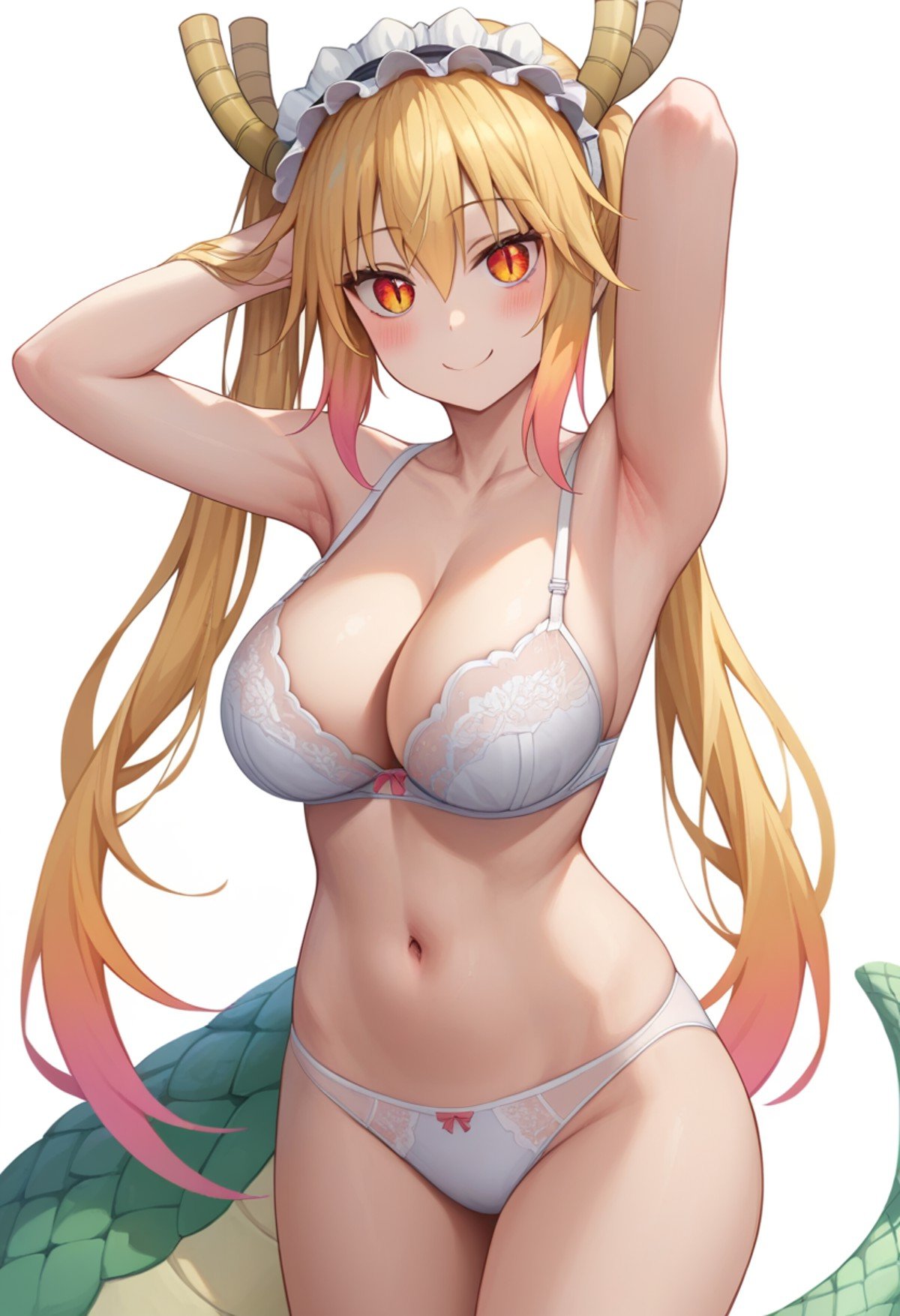 score_9,score_8_up,score_7_up, <lora:tohru_(maidragon)_pony:1>，armpits, highres, tohru_\(maidragon\), white_panties, 1girl, dragon_girl, simple_background, looking_at_viewer, solo, cleavage, white_bra, cowboy_shot, official_art, underwear_only, absurdres, large_breasts, scales, white_background, maid_headdress