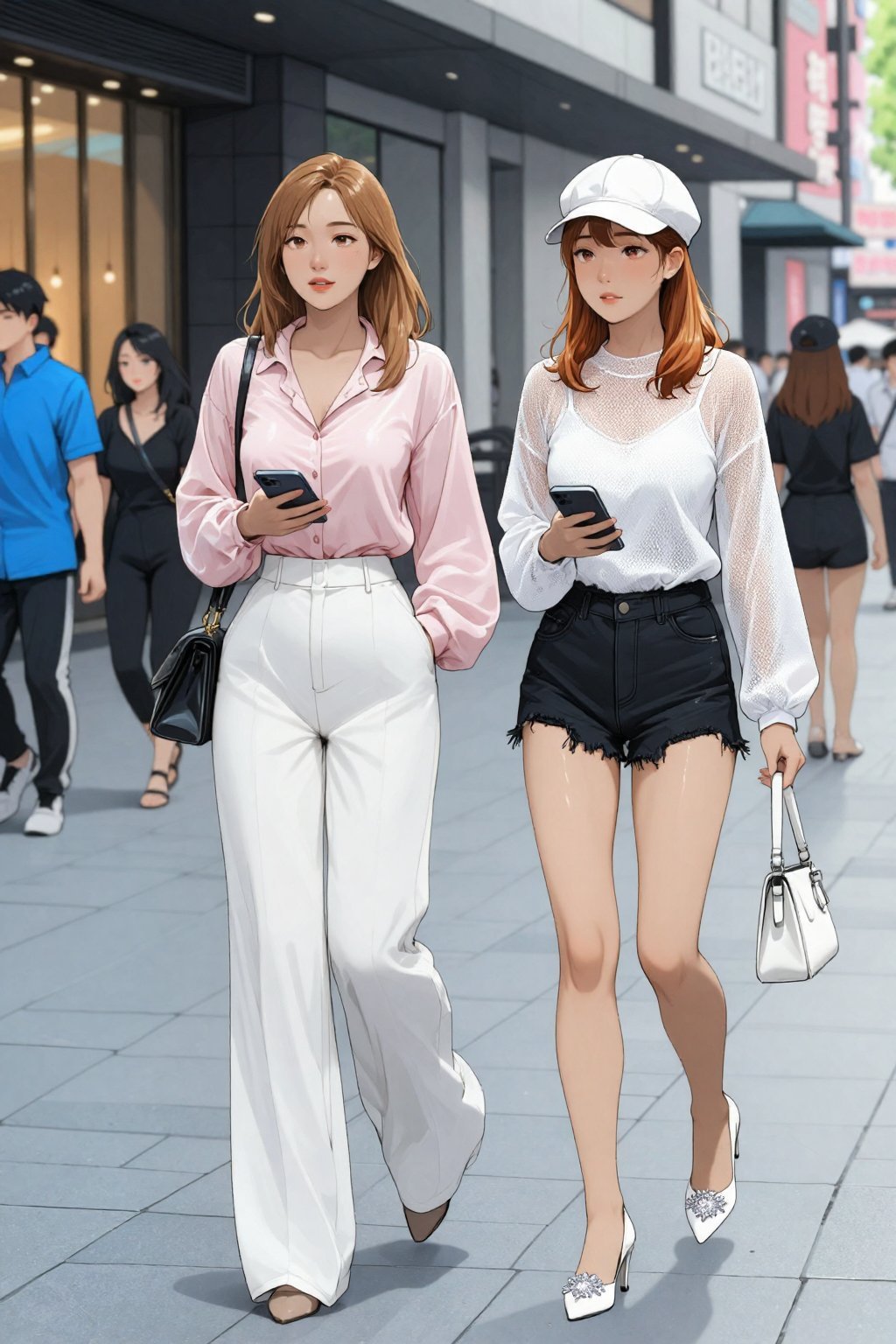 This is a vibrant of two young Asian women walking side by side on a paved urban street. The woman on the left has shoulde...