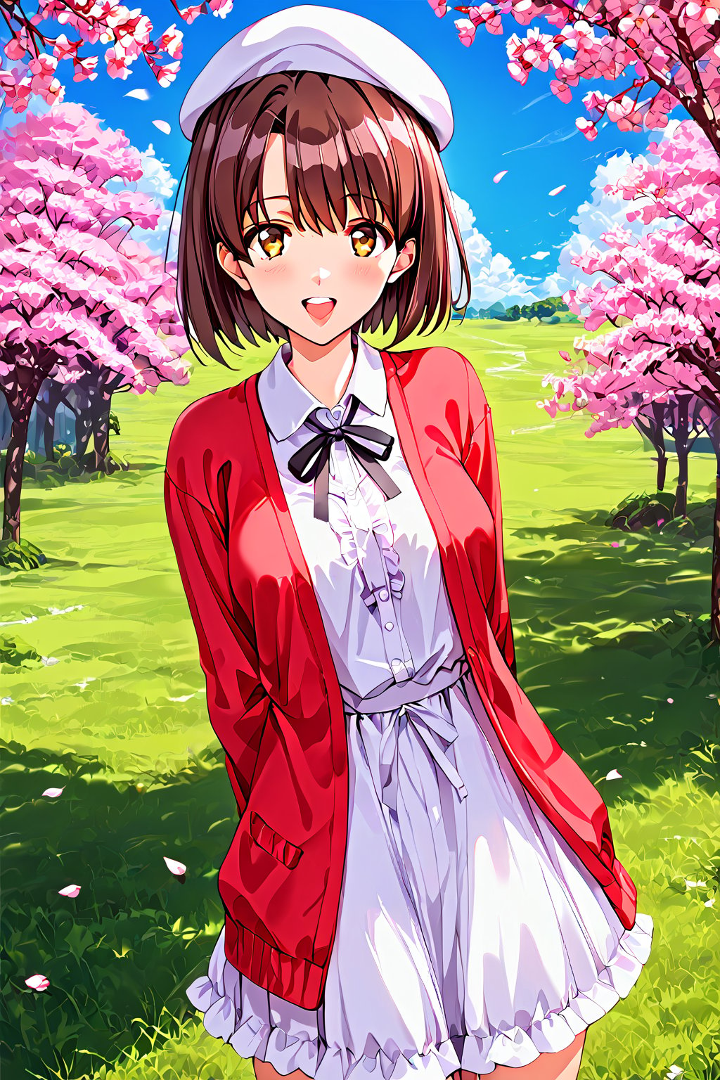 satou nozomi,1girl, outdoors, solo, brown hair, hat, cherry blossoms, white headwear, tree, smile, brown eyes, looking at viewer, open mouth, short hair, day, arms behind back, red jacket, sky, beret, blue sky, skirt, neck ribbon, ribbon, frills, jacket, breasts, dress, petals, shirt, cloud, open clothes, black ribbon, cowboy shot, :d, long sleeves, white shirt, blush, white dress, teeth, medium breasts, open jacket, standing, grass, collared shirt, cardigan, upper teeth only, red cardigan, white skirt,masterpiece, perfect face, best quality, beautiful girl, cute girl, beautiful eyes, shiny eyes, anime coloring, anime screencap, absurdres, award winning, <lora:satou nozomi anyt:0.8>