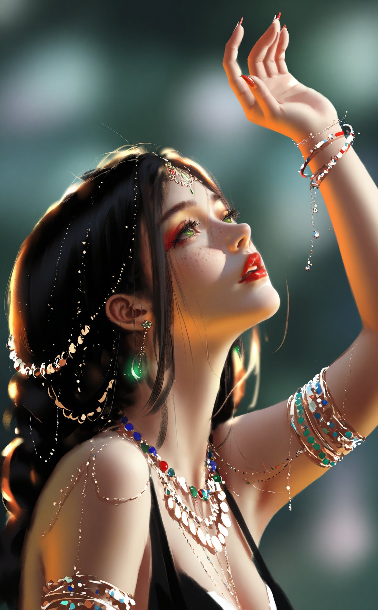 masterpiece,best quality,high quality,artist wlop,1girl,jewelry,solo,earrings,green eyes,blurry,necklace,bracelet,gem,arm up,long hair,beads,brown hair,lips,black hair,red lips,parted lips,blurry background,depth of field,bare shoulders,armlet,looking up,makeup,freckles,portrait,