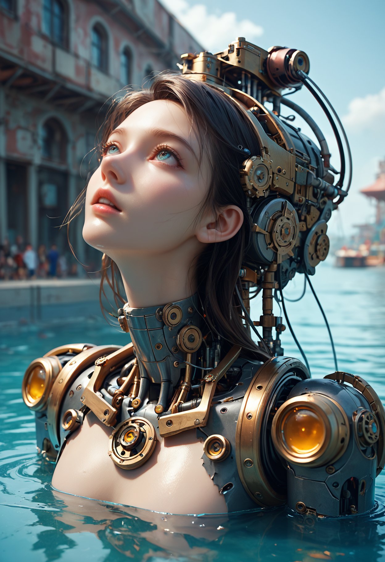 score_9,score_8_up,score_7_up,highly detailed,high budget,masterpiece,best quality,perfect anatomy,very aesthetic,8k,chaotic pool,robots in the water,head looking up,mechanical structure,steampunk,gear,damaged mechanical mechanism,complex background,very detailed material,metallic luster,