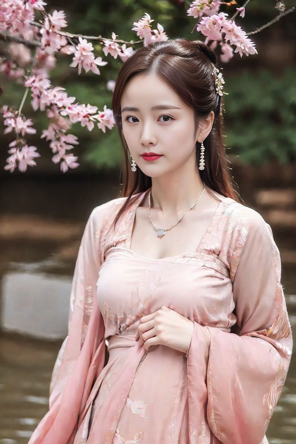 (best quality:1.3, masterpiece:1.3),realistic,(photorealistic:1.2),ultra high res,(1girl, solo),atmospheric perspective,fashi-girl detailed face,make up,(hanfu:1.2),pink lips,parted lips,closed mouth,shiny skin,(brown hair),very long hair,looking at viewer,blueeyes,earrings,slim body,perfect lighting,(front lighting),physically-based rendering,extremely detailed CG unity 8k wallpaper,lips,(china dress, dress:1.2),hair ornament,necklace,jewelry,long hair,earrings,(chinese clothes:1.2),large breasts,outdoors,water,river,Standing by the river,nature,mountain,depth of field,lens 135mm,f1.8,lens flare,floating sakura,flying butterfly,unbuttoned clothes,upper body,