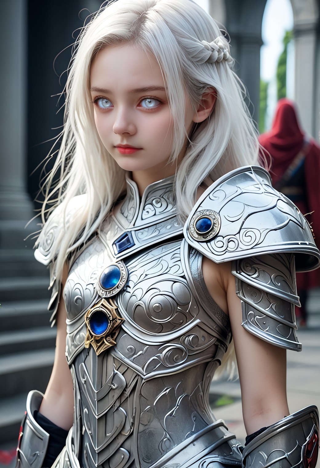 1girl,small breasts,white hair,mysterious,alluring white eyes a paragon of beauty,detailed intricate armour,