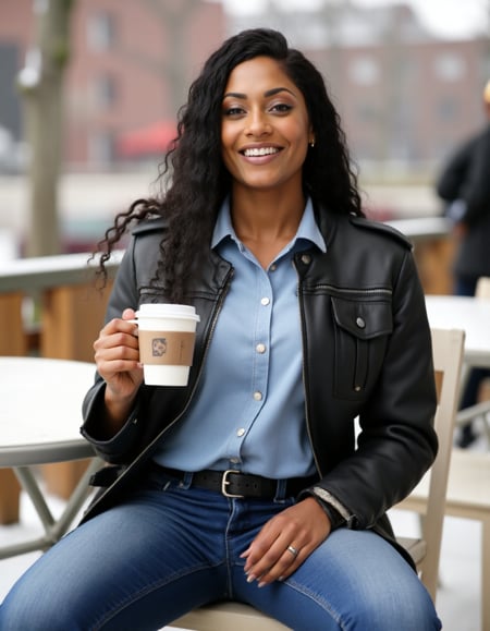 She wears a buttondown shirt,  a leather jacket and a tight jeans. She holds a hot coffee at a café terrasse in the snow s...