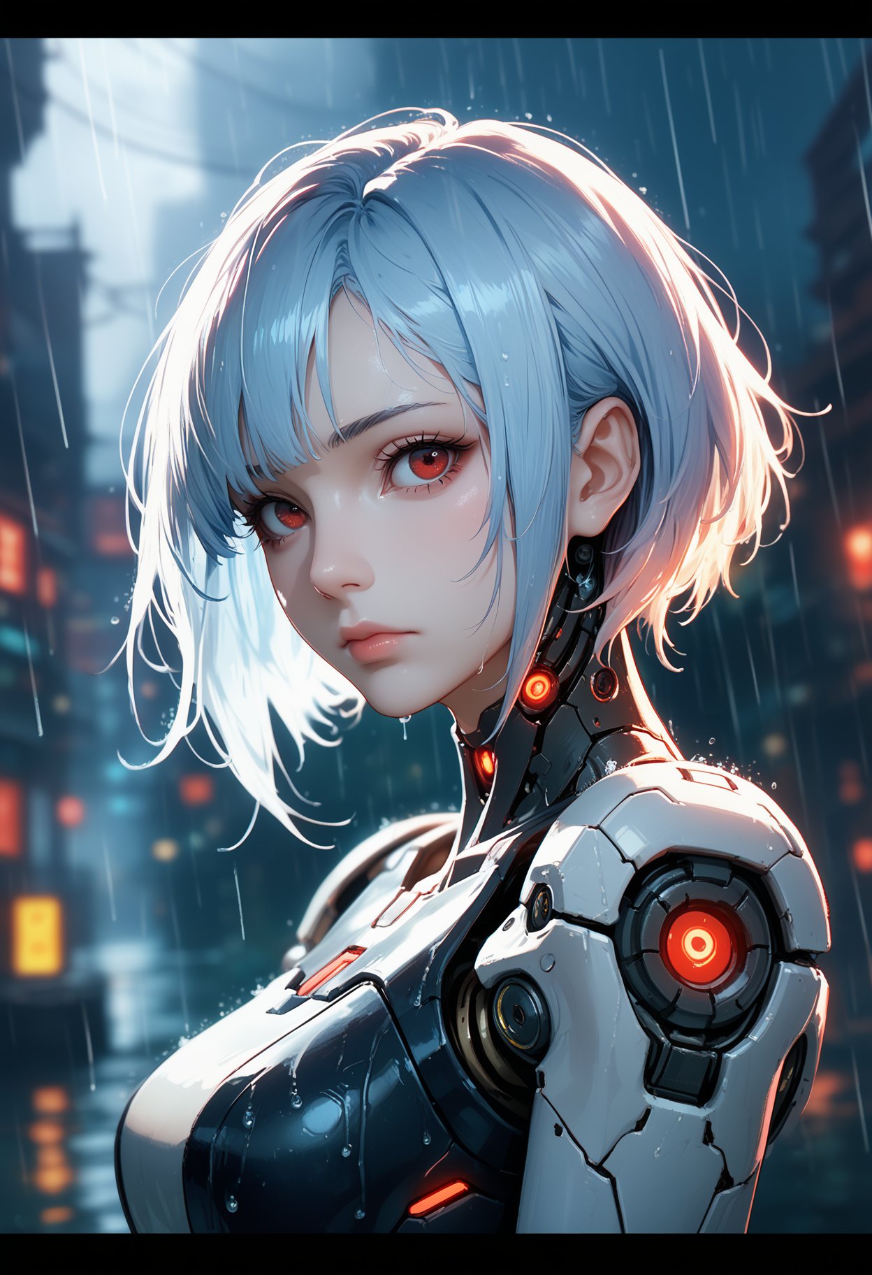 1girl, solo, breasts, looking at viewer, short hair, bangs, red eyes, closed mouth, blue hair, upper body, white hair, blurry, from side, lips, depth of field, blurry background, glowing, letterboxed, science fiction, rain, android, cyborg, robot joints, cyberpunk, score_9,score_8_up,score_7_up,