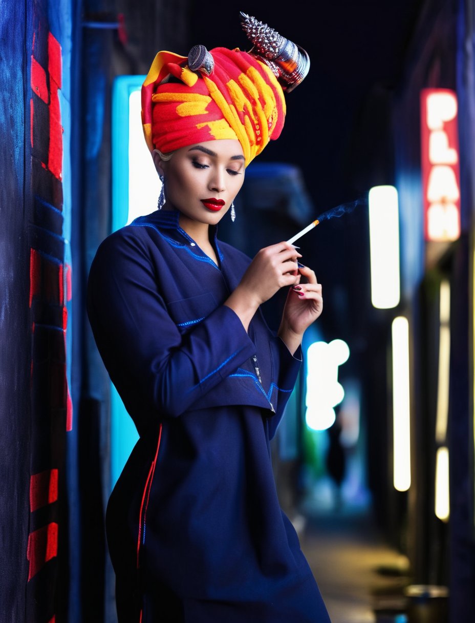 Full Body Photo, RAW, masterpiece, high resolution, This work depicts a young, beautiful blonde woman, intense red lipstick, smoking a cigarette, paoh dress, navy blue paoh traditional dress, turban, exceptional skin details, cinematic . The scene is set against a dark alley in the city with a neon sign visible in the background, and the woman's beauty and confidence stand out even in the dark surroundings. attracts attention with its striking appearance and rebellious attitude. (best quality:1.3), (extremely detailed:1.2) <lora:paoh_dress-000006:1>