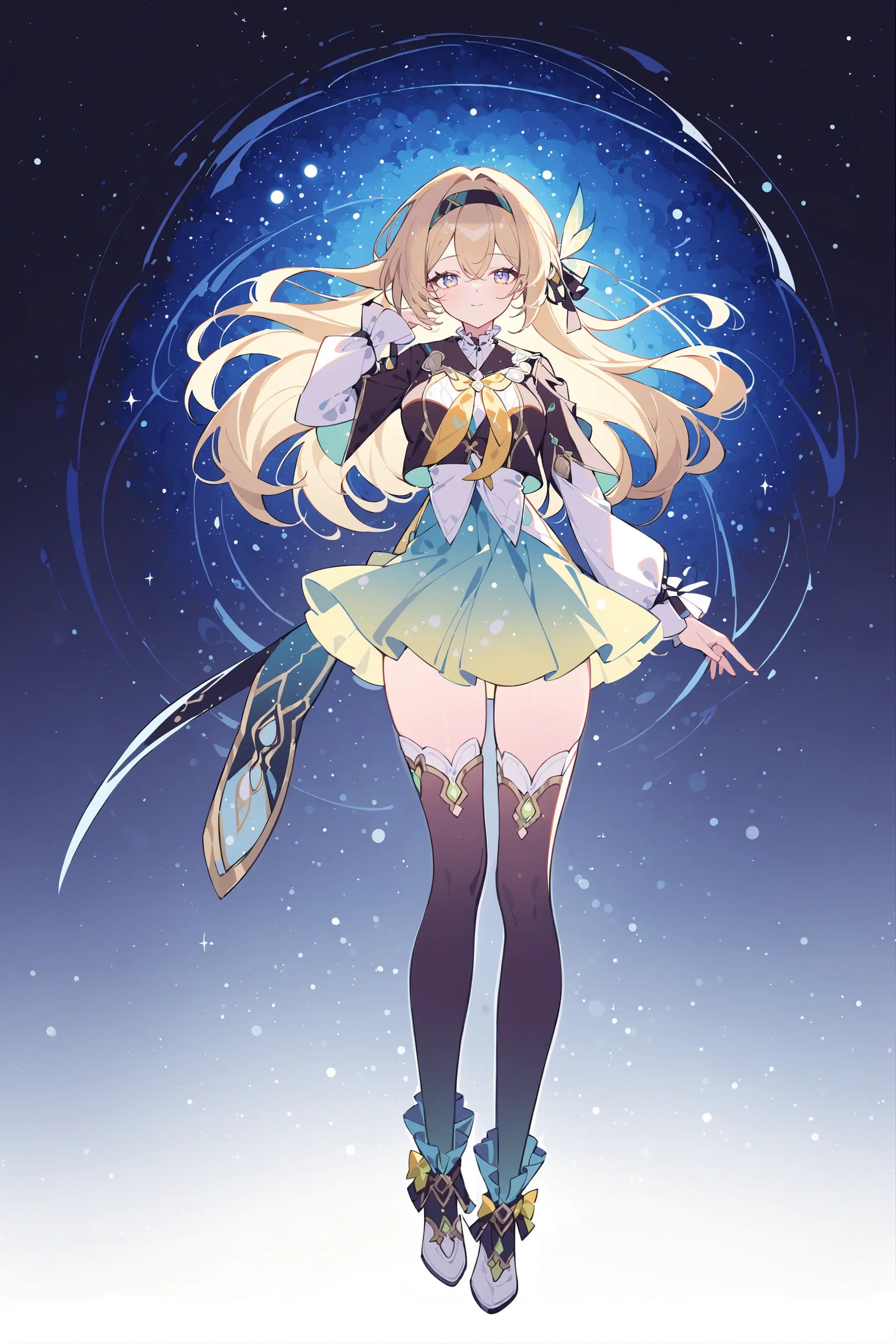 masterpiece, best quality, very aesthetic, ray tracing, newest,(hitenkei, askzy:0.5), 1girl, firefly \(honkai: star rail\), solo, black thighhighs, hairband, gradient skirt, hair ornament, blouse, long sleeves, frilled collar, frilled boots, cropped jacket, yellow neckerchief, full body, looking at viewer, floating, floating hair,  depth of field, space, nebula, starry sky, light smile, hand in own hair <lora:Char-HonkaiSR-Firefly-XL-V2:0.9>