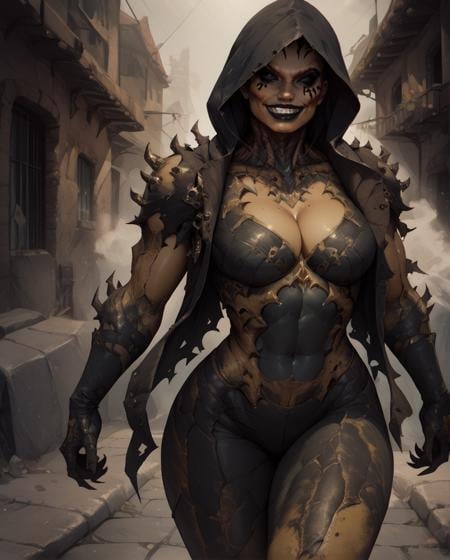 score_9,score_8_up,score_7_up,dvorah,black eyes,facial mark,black lipstick,hood up,hood,armored skin,cleavage,grin,curvy,standing,looking at viewer,underground,<lora:Dvorah:0.9>,solo,