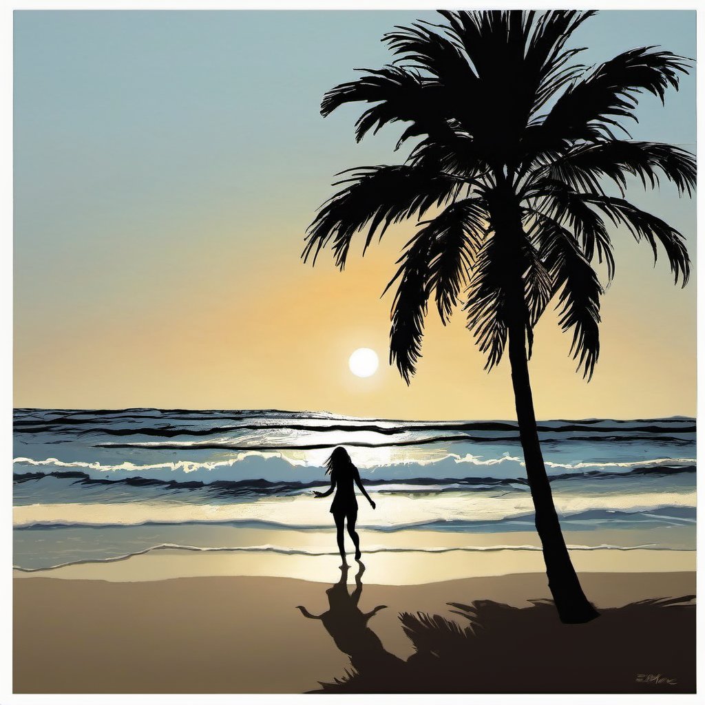 tree, beach, palm tree, waves, silhouette, 1girl, 1boy, outdoors, ocean, scenery, water, sand, <lora:日系二次元人物_插画_V1.0XL:1>, masterpiece, best quality,