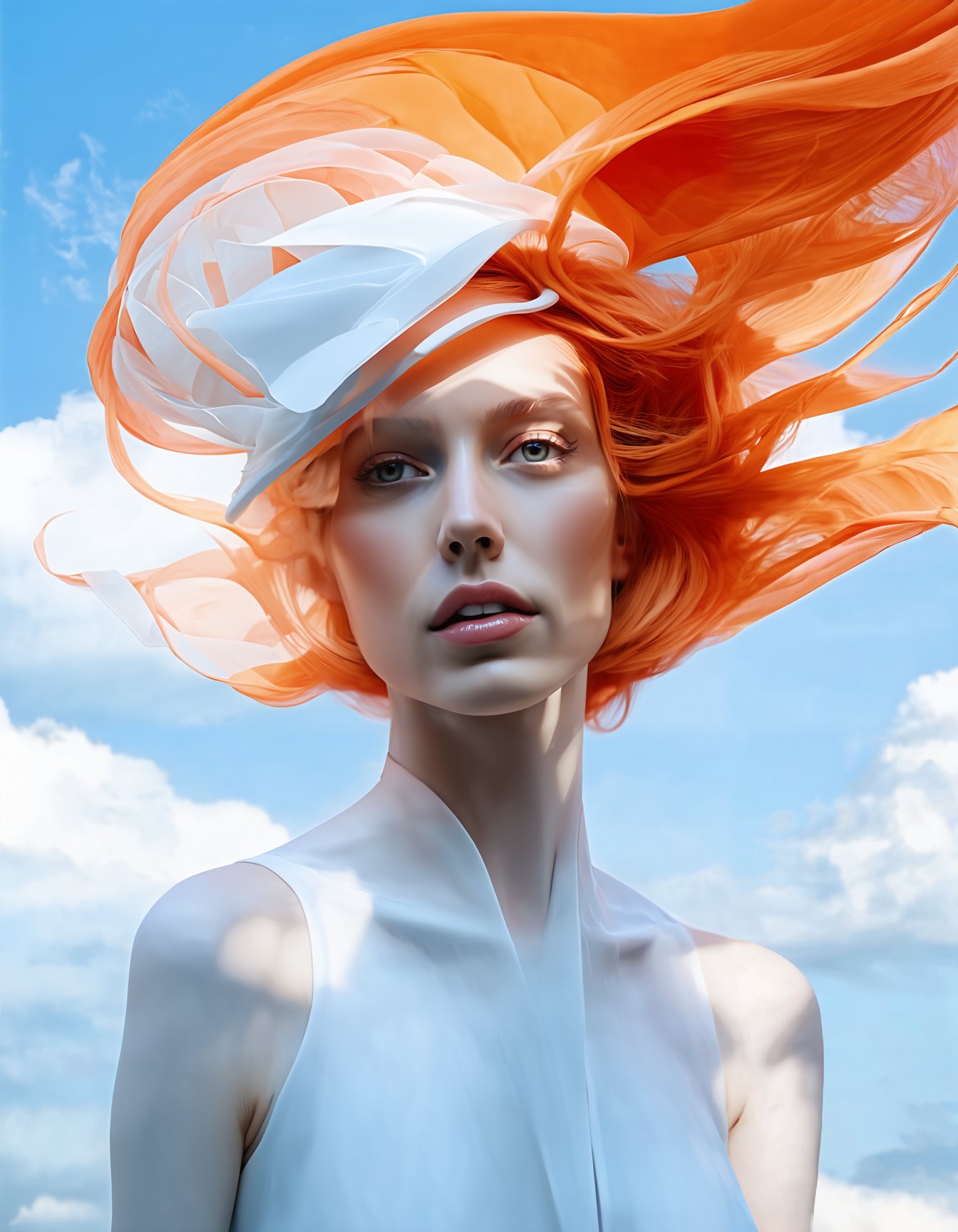 (best quality, 4K, 8K, high-resolution, masterpiece, ultra-detailed, photorealistic), surreal portrait, futuristic fashion, woman with abstract headpiece, intricate and flowing design, white and orange color scheme, soft and diffused lighting, ethereal atmosphere, minimalistic background, light blue sky with clouds, contemporary art style, high contrast, glowing accents.