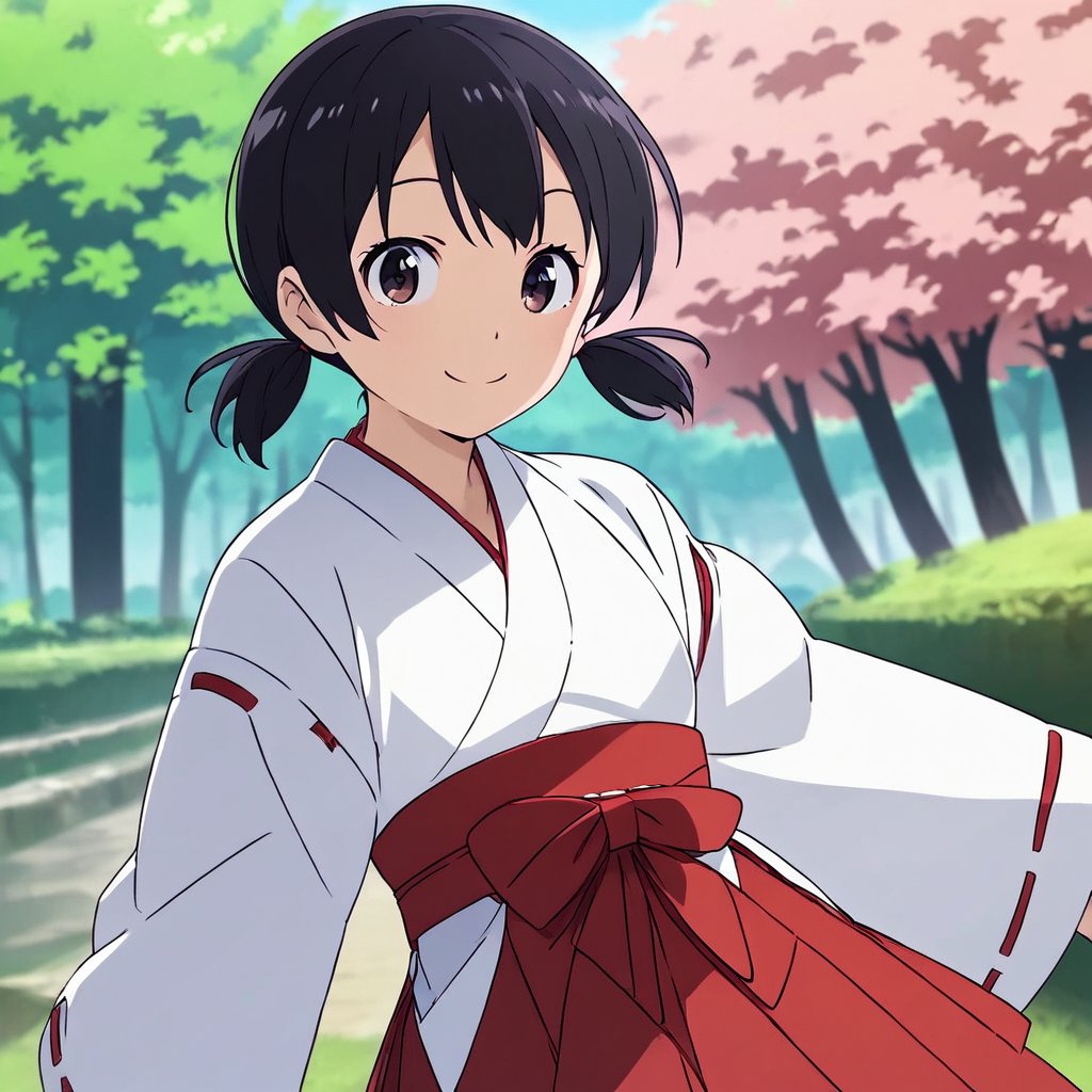 score_9, score_8_up, score_7_up, score_6_up, score_5_up, score_4_up, source_anime,minamoto shizuka,low twintails,1girl, solo, japanese clothes, black hair,miko, black eyes, smile, twintails, outdoors, hakama, looking at viewer, skirt, short hair, day, short twintails, hakama skirt, tree, red hakama, long sleeves,masterpiece, perfect face, best quality, beautiful girl, cute girl, beautiful eyes, shiny eyes, anime coloring, anime screencap, absurdres, outdoors,<lora:crdloede878c73frrkt0:0.8>