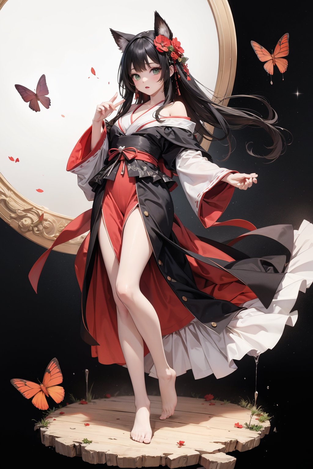 ((masterpiece)),((an extremely detailed and delicate)),(8k cg wallpaper),{stunning art},{{illustration }},(ink splashing),color splashing,(amazing),long black hair,beautiful detailed girl,black printed kimono,green eyes,copper hairband,expressionless,(full body),(beautiful detailed face),(beautiful detailed eyes),(close to viewer),flowing long black hair,((beautiful detailed red butterflies)),red lycoris radiata,red higanbana,dynamic angle,flowing detailed red ribbon,starry night,