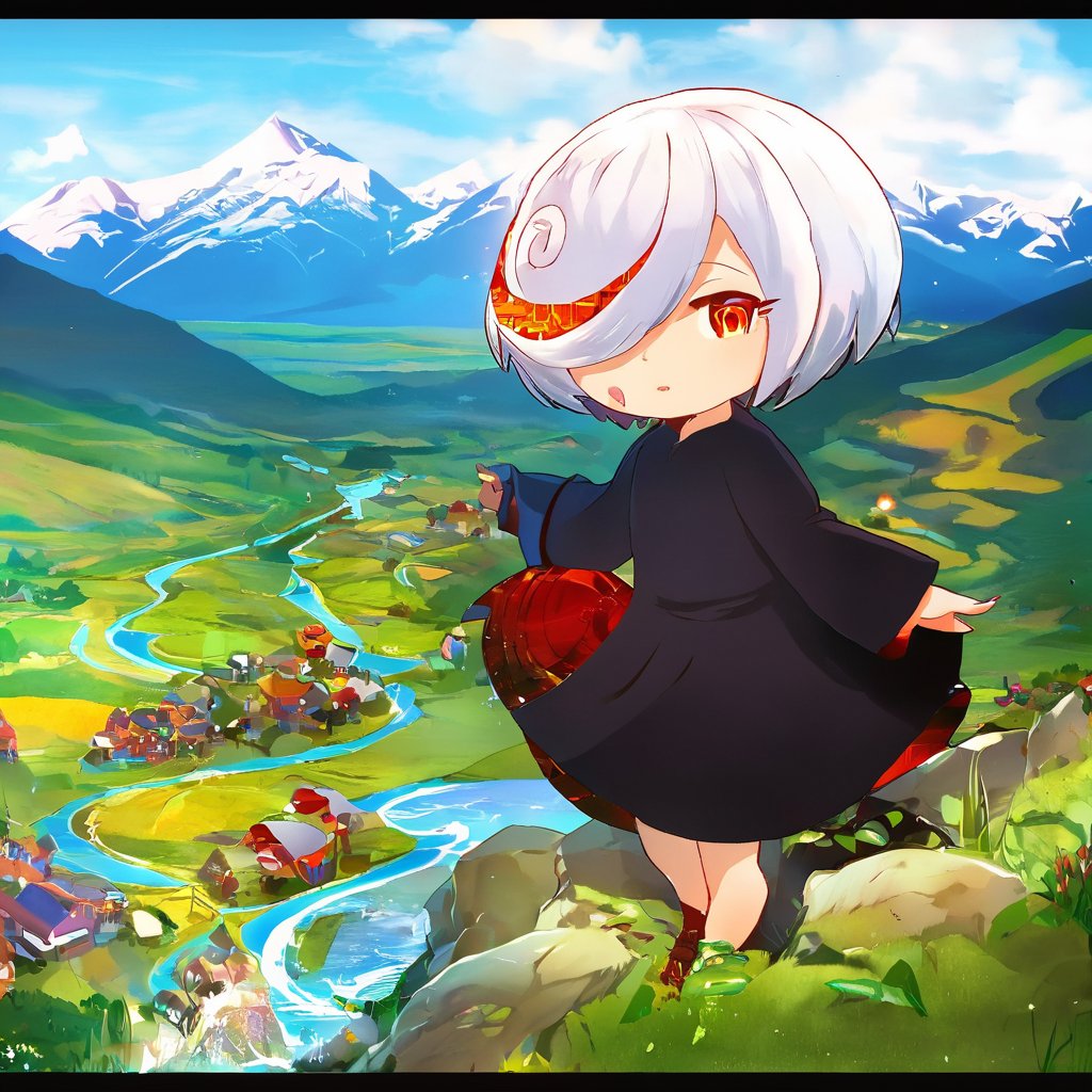 1girl, sageai, long sleeves, black dress, white hair, mountain, river <lora:SageAI-XL:1>