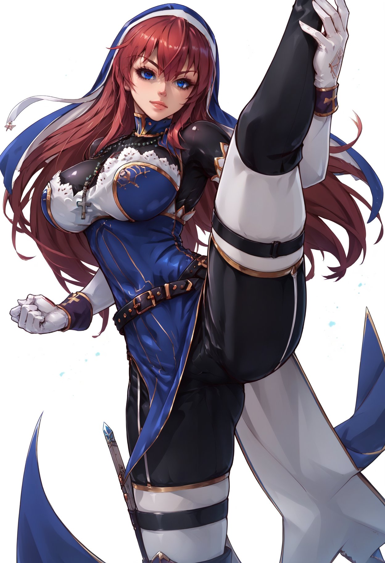 score_9, score_8_up, score_7_up, score_6_up, score_5_up, score_4_up, source_anime,  BREAKdoing a high kick ,, 1girl,battleNun, cross necklace, habit, red hair, blue eyes, <lora:battleNunPony:1>, large breasts,simple background, white background