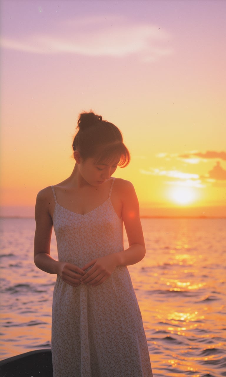 Japanese color film photograph of a woman standing on a small boat at sunset,  with a medium close-up shot. The woman is A...