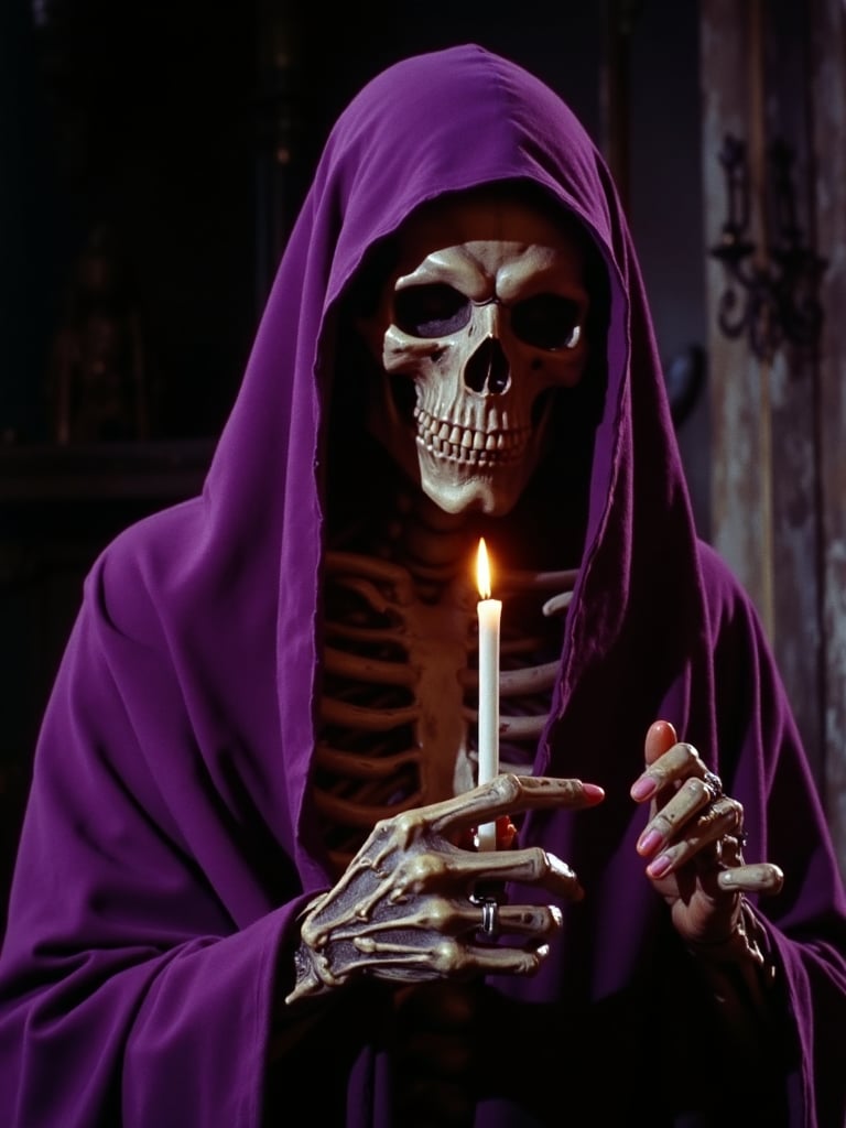 vntgfnts style, low quality, 1980 movie screengrab, dvd compression, cinematic, film grain, A dark moody portrayal of a skeletal figure draped in a purple hooded cloak holding a lit candle. The figure's face is obscured by the hood revealing a skull-like visage. The hand of the figure is intricately detailed with visible veins and wrinkles and is adorned with a ring. The candle emits a soft warm glow illuminating the figure's hands and the surrounding darkness. The color palette is dominated by deep purples blacks and the stark contrast of the pale yellow of the candlelight against the deep reds and blacks of the cloak and the figure's skin, dark fantasy, <lora:sxz-Vintage-Fantasy-Flux:1>