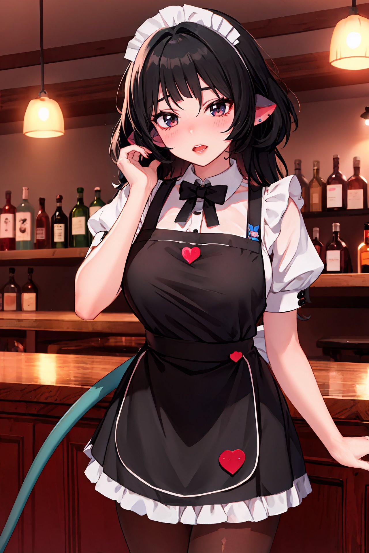 1girl, jane doe \(zenless zone zero\), long hair, solo, maid, maid headdress, maid apron, embarrassed, pantyhose, open mouth, blush, parted lips, looking at viewer, cowboy shot, bar \(place\), indoors, depth of field, tail