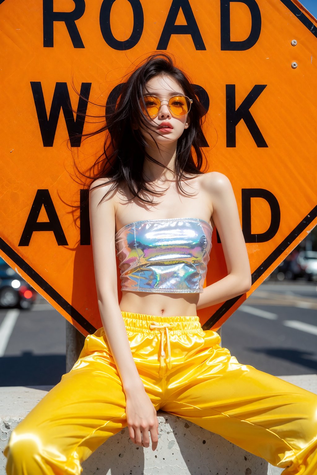 an East Asian woman,  a vibrant and high-key outdoor shot of a woman sitting against a bright orange "ROAD WORK AHEAD" sig...