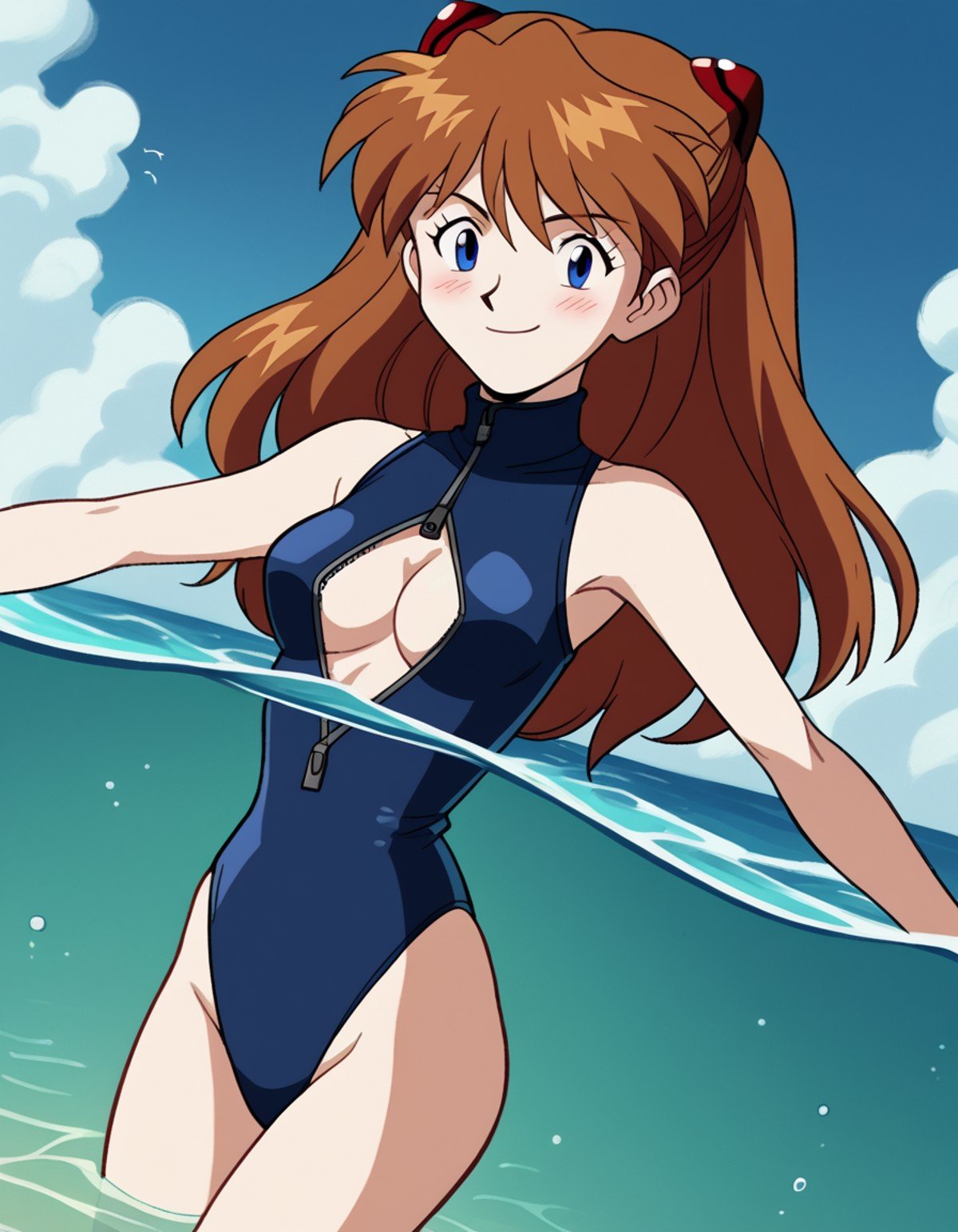 score_9, score_8_up, score_7_up, source_anime, asukalangleysoryu, <lora:asuka-langley-soryuu-classic-ponyxl-lora-nochekaiser:1>, asuka langley soryu, long hair, bangs, blue eyes, brown hair, hair ornament,, <lora:front-zipper-swimsuit-ponyxl-lora-nochekaiser:1>, front zipper swimsuit, one-piece swimsuit, unzipped, turtleneck one-piece swimsuit, zipper, cleavage cutout, highleg swimsuit, clothing cutout, center opening, cleavage,, ocean, fish, water, submerged, smile, blush,, cowboy shot, dutch angle,