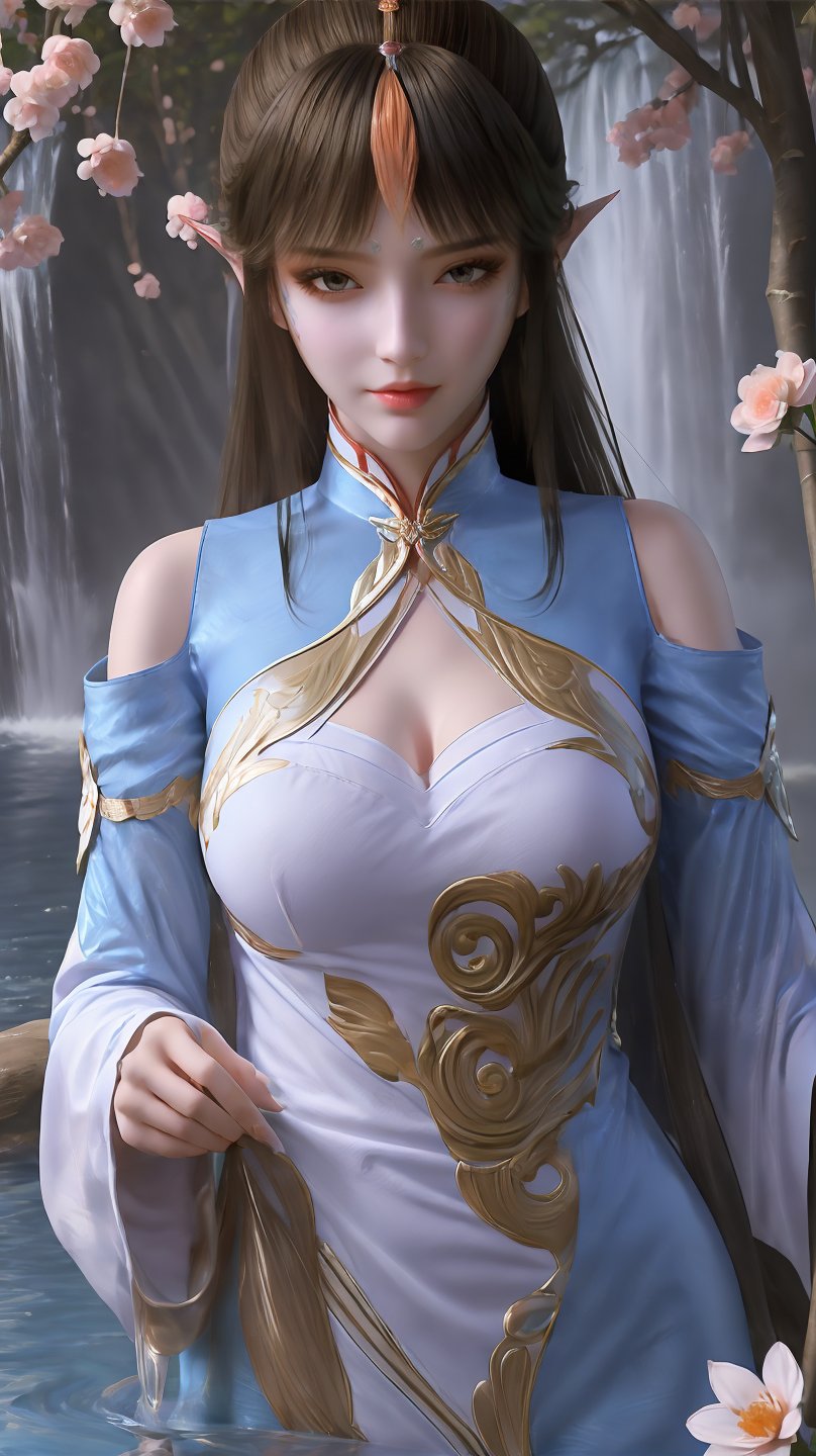 fqr,1girl,solo,upper body,blue chinese clothes,black hair,long hair,clothing cutout,cleavage cutout,looking at viewer,breasts,white long sleeved,closed mouth,forehead jewel,long sleeves,shoulder cutout,facial mark,realistic,flower field,sky,river,mizu,large breasts,white bra,,,waterfall,peach_blossom,high saturation,<lora:QYpifuV1:1>,<lora:玫瑰花场景-王导:0.6>