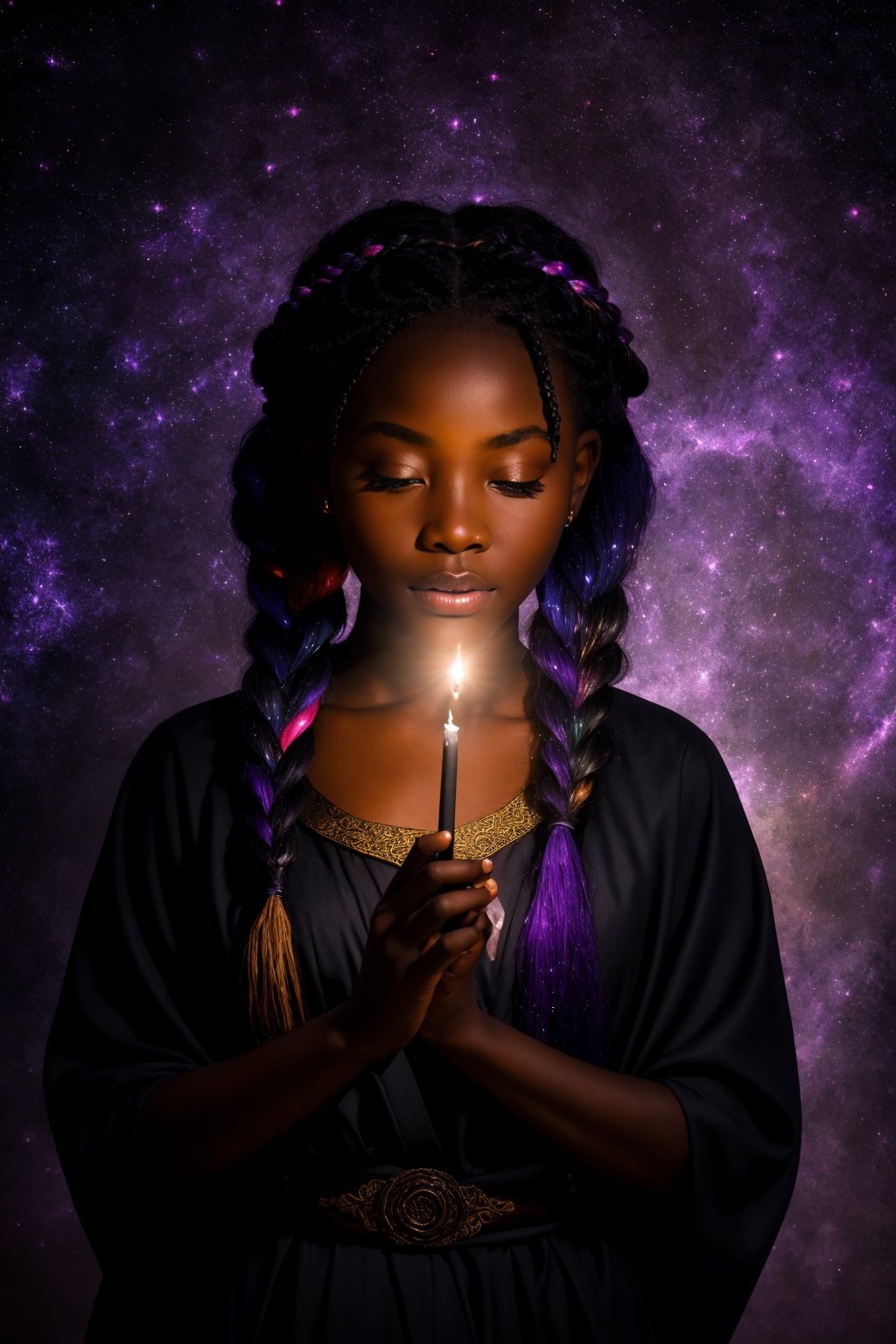 Wide angle oil painting, (Enigmatic Kenyan Fairytale Witch casting spell:1.2), Rule of thirds composition, Flowing robes, Magical aura, (Mystical Galaxy Braid:1.3), Mysterious gaze, Embarrassed expression, Shadowed features, Velvety textures, (Moonlit Palace backdrop:1.2), Luminous crescent light, Eerie shadows, Captured with a 50mm Bokeh lens