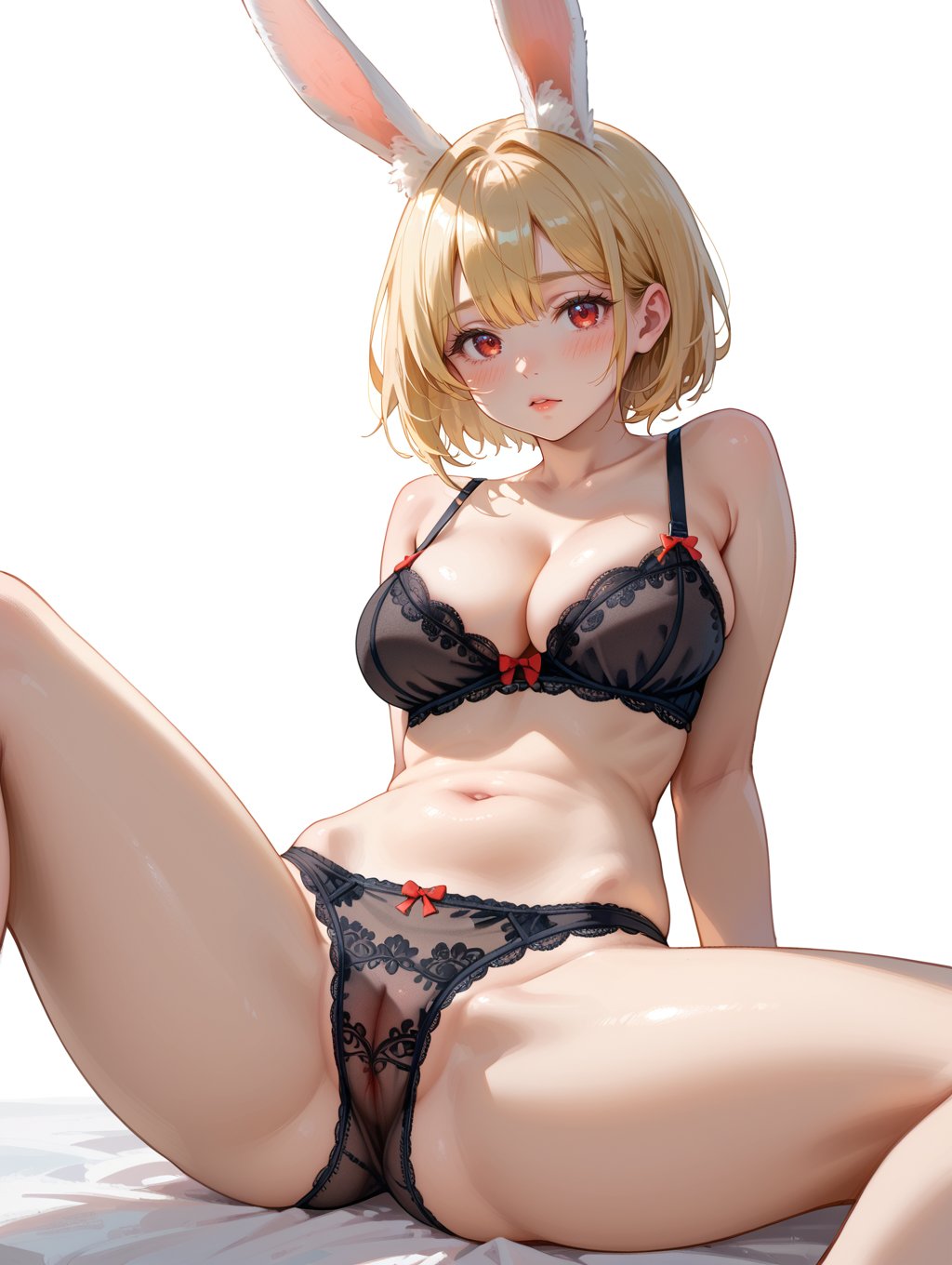 score_9, score_8_up, score_7_up,translucent panties, see-through, 1girl, animal ears, black bra, black panties, blonde hair, blush, bra, breasts, cleavage, cleft of venus, groin, guilty merlin, large breasts, lingerie, looking at viewer, navel, panties, rabbit ears, rabbit girl, red eyes, see-through, see-through panties, short hair, simple background, solo, spread legs, underwear, white background, wrist cuffs