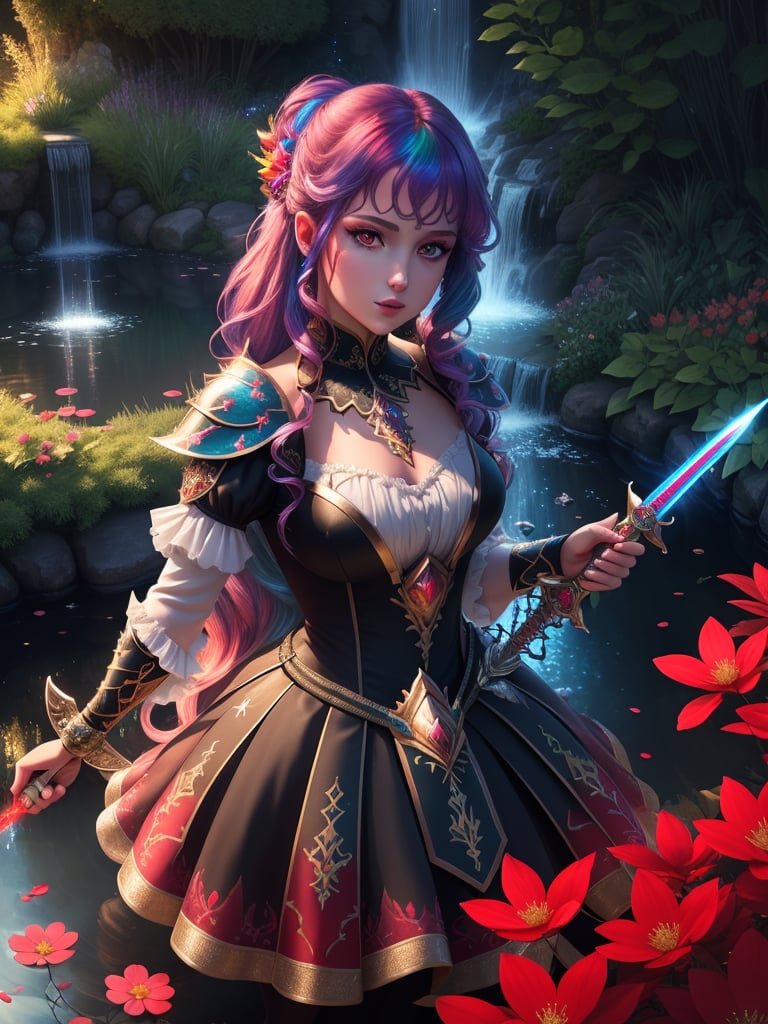 masterpiece, best quality,8k,ray tracing, cinematic lighting, sparkle, 1girl, princess, garden, beautiful detailed water, red eyes, glowing eyes, (rainbow hair:1.1),weapon, (Exquisite dagger:1.2)