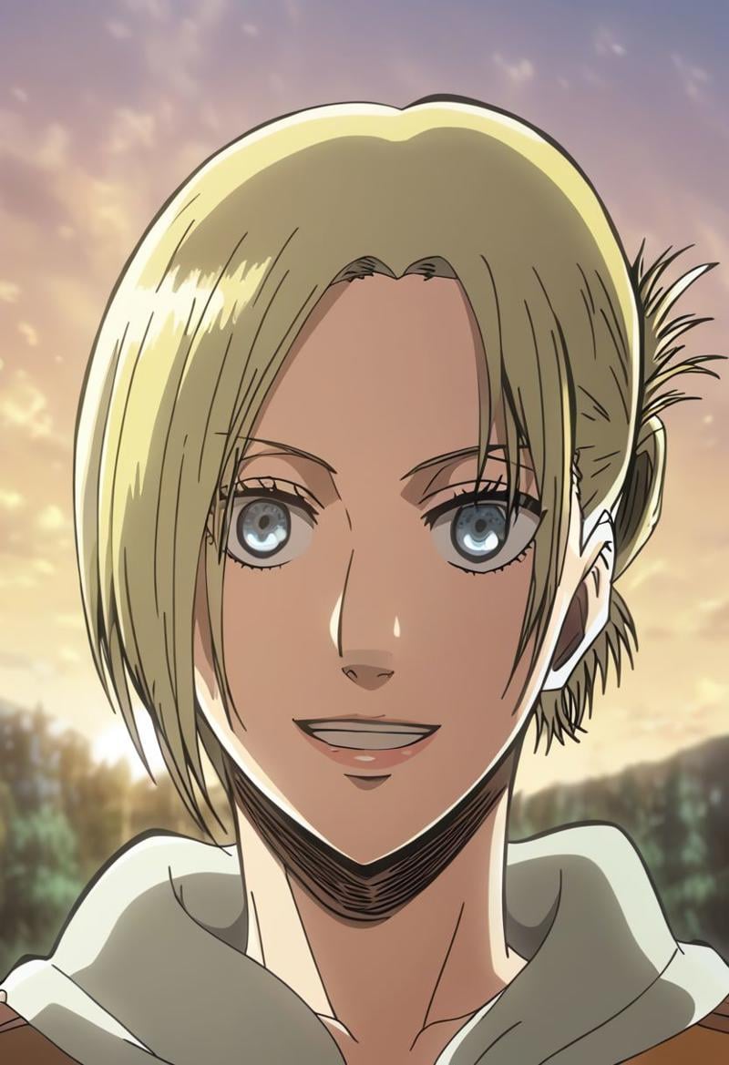 Annie Leonhart, Attack on Titan, 1girl, Blonde hair, Blue eyes, beautiful face, beautiful eyes, standing, outside, sunset, smiling, showing teeth, 