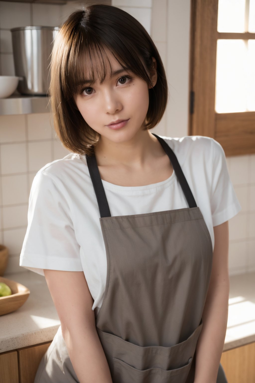 <lora:aiManjaKK-08:0.9>, woman, short hair, uniform, apron, kitchen, bokeh