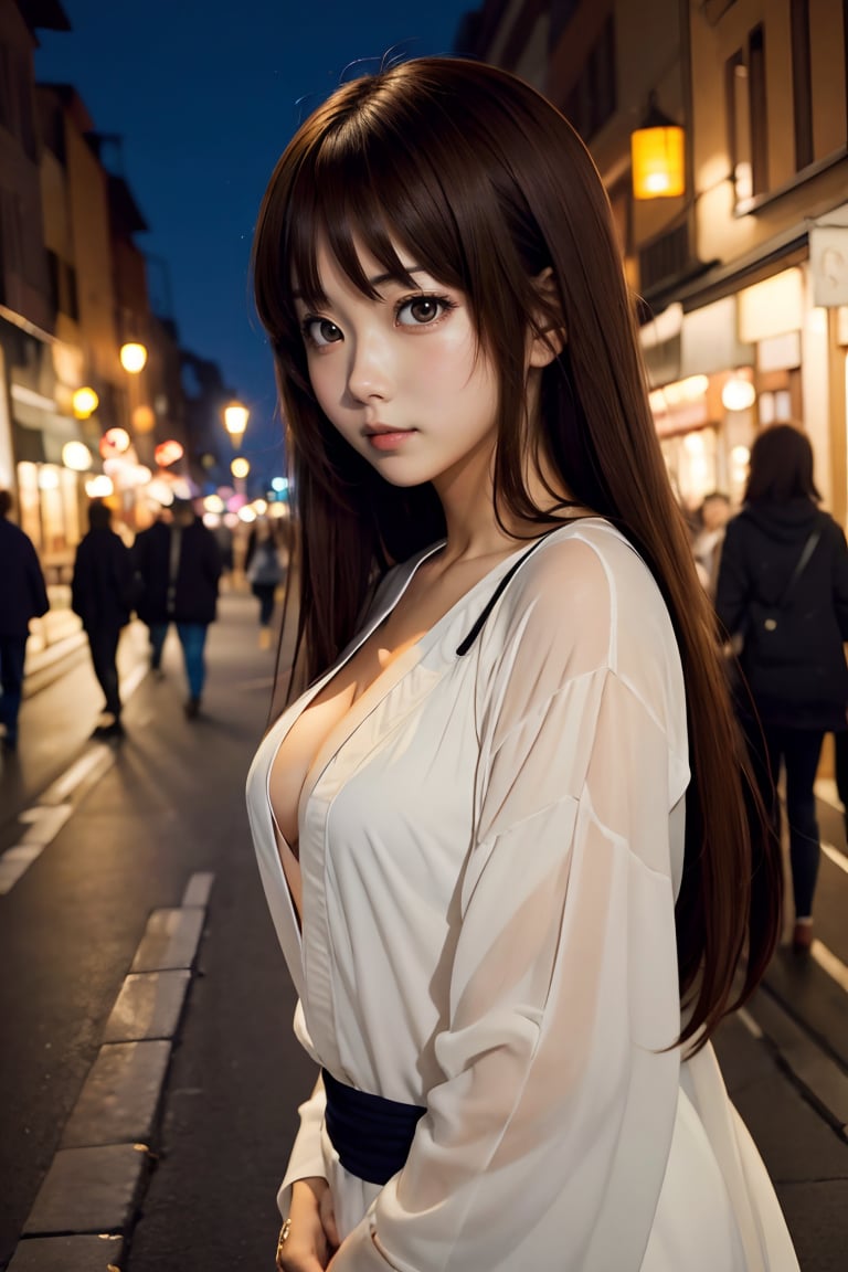 1girl, (anime:1.5), (anime character), (in love, in love expression:0.7),  looking at viewer, (brown eyes:1.2), (long hair), deep v top, night street, (balanced photo, balanced exposure:1.2), 