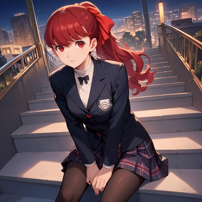 score_9, score_8_up, score_7_up, score_6_up, BREAK source_anime, look at viewer, outdoors, night, city, 1girl, solo, sitting, on stairs,  masterpiece, best quality, high detailed skin,   yoshizawa kasumi, yoshizawa school, long hair, ponytail, red hair, hair bow, red eyes, school uniform, shuujin academy school uniform, black jacket, pleated skirt, pantyhose,