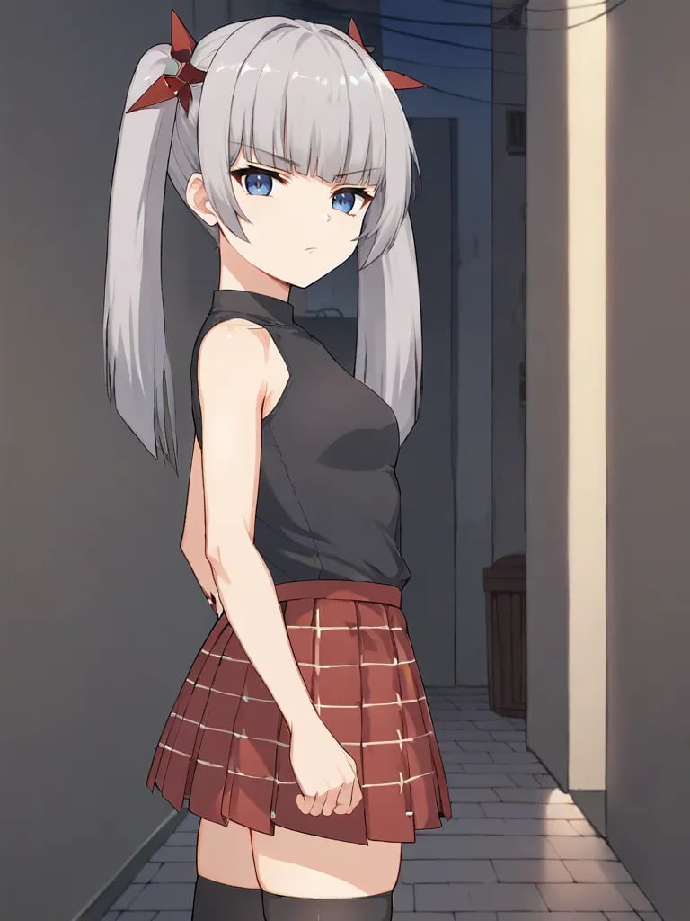 <lora:miamgbpony:1>,score_9, score_8_up, score_7_up, 1girl, solo, miamgb, grey hair, twintails, hair ornament, blue eyes, black shirt, sleeveless, blouse, red skirt, plaid skirt, black thighhighs, small breasts, outdoors, alley, night, from side, looking at viewer, serious, annoyed,