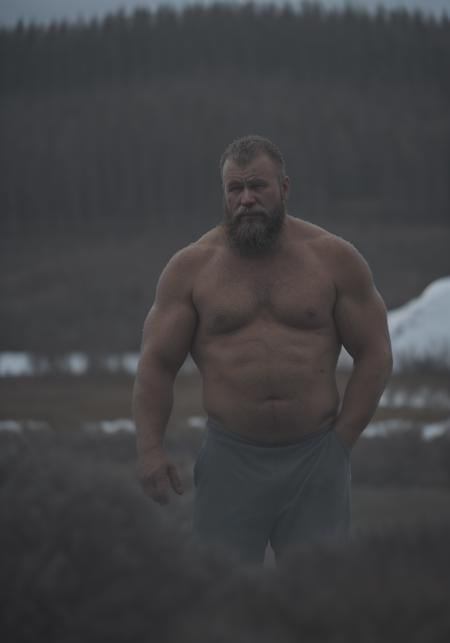 Analog photo, (malefocus), (Cinematic Portrait), Set against the unforgiving backdrop of a Siberian winter, capture the commanding presence of a burly Russian farmer, standing at 250lbs with a powerful, muscular physique. His bare chest, exposed to the biting cold, reveals a rugged landscape of sinew and muscle, testament to a life of hard labor and resilience. The frost-kissed air accentuates the steely determination etched into his weathered face, while his deep, piercing eyes speak volumes of the indomitable spirit that courses through his veins.Against the backdrop of the rural landscape, his shirtless form stands as a symbol of raw masculinity, his body adorned with a dense coat of fur, a natural shield against the Siberian chill. Zoom in to capture the intricate details of his physique, every ripple and bulge a testament to his strength and fortitude. The scars that crisscross his skin tell stories of battles fought and won, both against the elements and the challenges of rural life.As he gazes into the distance, his expression a mix of stoicism and quiet contemplation, let the viewer feel the weight of his world upon his broad shoulders. Every line and crease on his face, every strand of unruly hair, speaks to a life lived in harmony with the land, a life shaped by the rhythms of nature and the bonds of community.[In this portrait, let the stark beauty of the Siberian wilderness serve as a backdrop to the rugged strength and resilience of the Russian farmer, a man whose essence is as untamed and unyielding as the land he calls home].