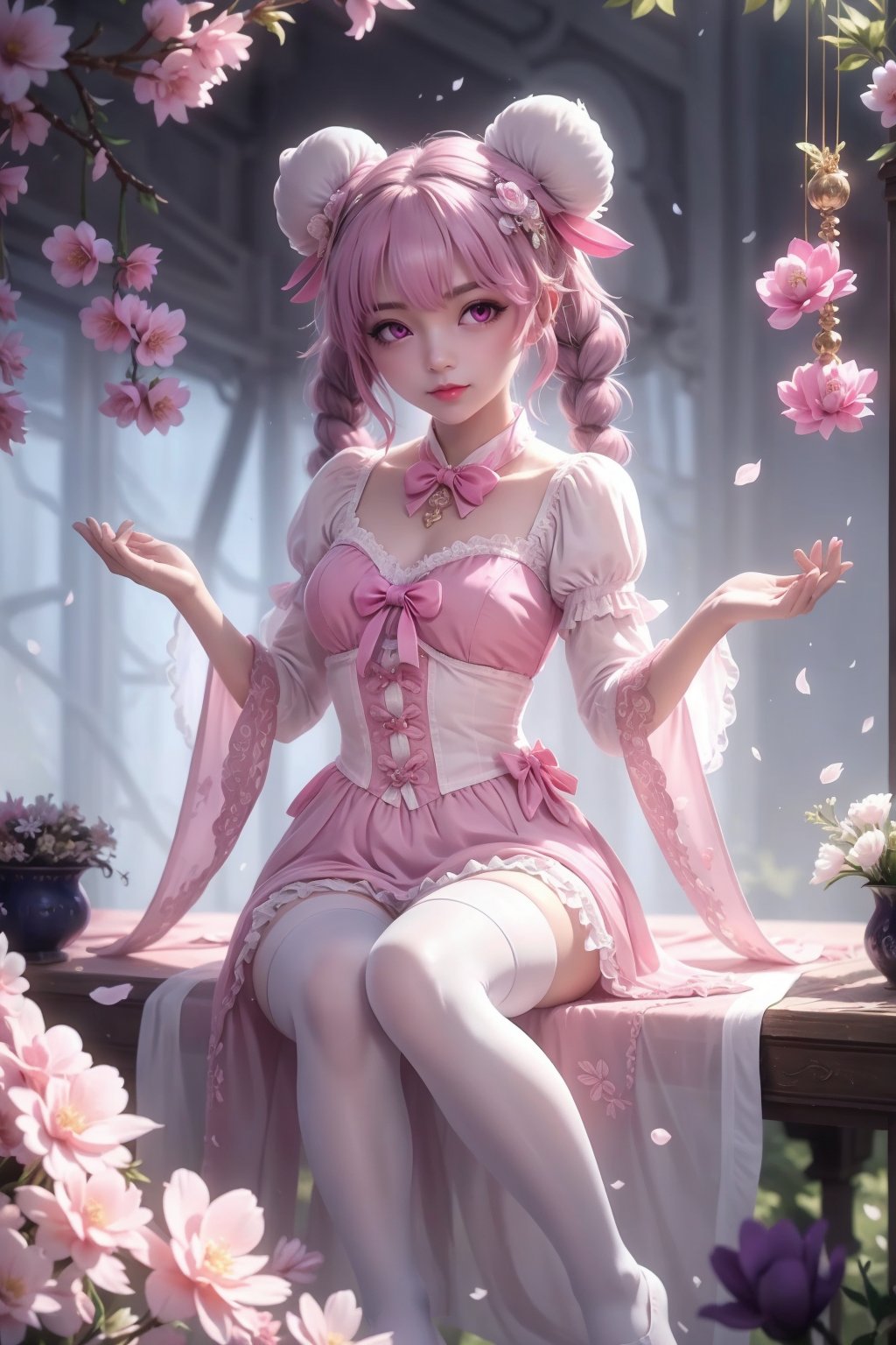 (Little girl:1.15),solo,(petite:0.85),rouge,ahoge,(Fine hair texture),(french braid:1.1),blunt bangs,hair between eyes,(black greyscale nightgown,transparency sleeves),(white flower hair ornament:1.05),((white pantyhose with <colorful grain>):1.15),ribbon,Loose long sleeves,(violet eyes:1.25),half-closed eyes,(short hair,pink hair,pink eyes,White Rabbit Ears,bun head,twintails),(pink bow at the pink Lolita),(White stockings, white leg rings),(A pink ribbon,Pink wreath,A pink floral brooch),