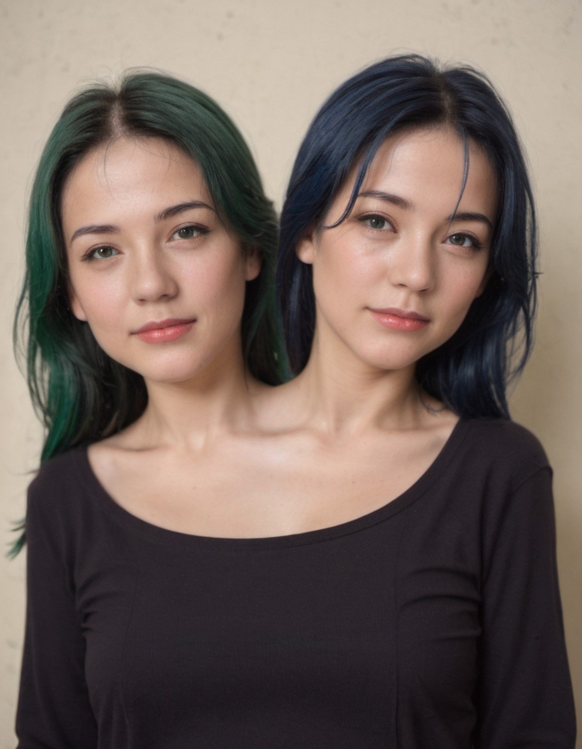 <lora:twoheads:1> twoheads, , green hair, human, BREAK, female, blue hair, 1girl