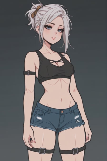 anime style, full body, character concept art, 1girl, woman, bad girl, cute, [:colorful, colorful costume design,:0.2], bombshell punk hair, white hair, Braided Updo, torn denim shorts, bombshell hair, copper hair, Layered Cut, thicc athletic build, large breasts, caucasian,<lora:EnvyStarlightBeauty09:1>