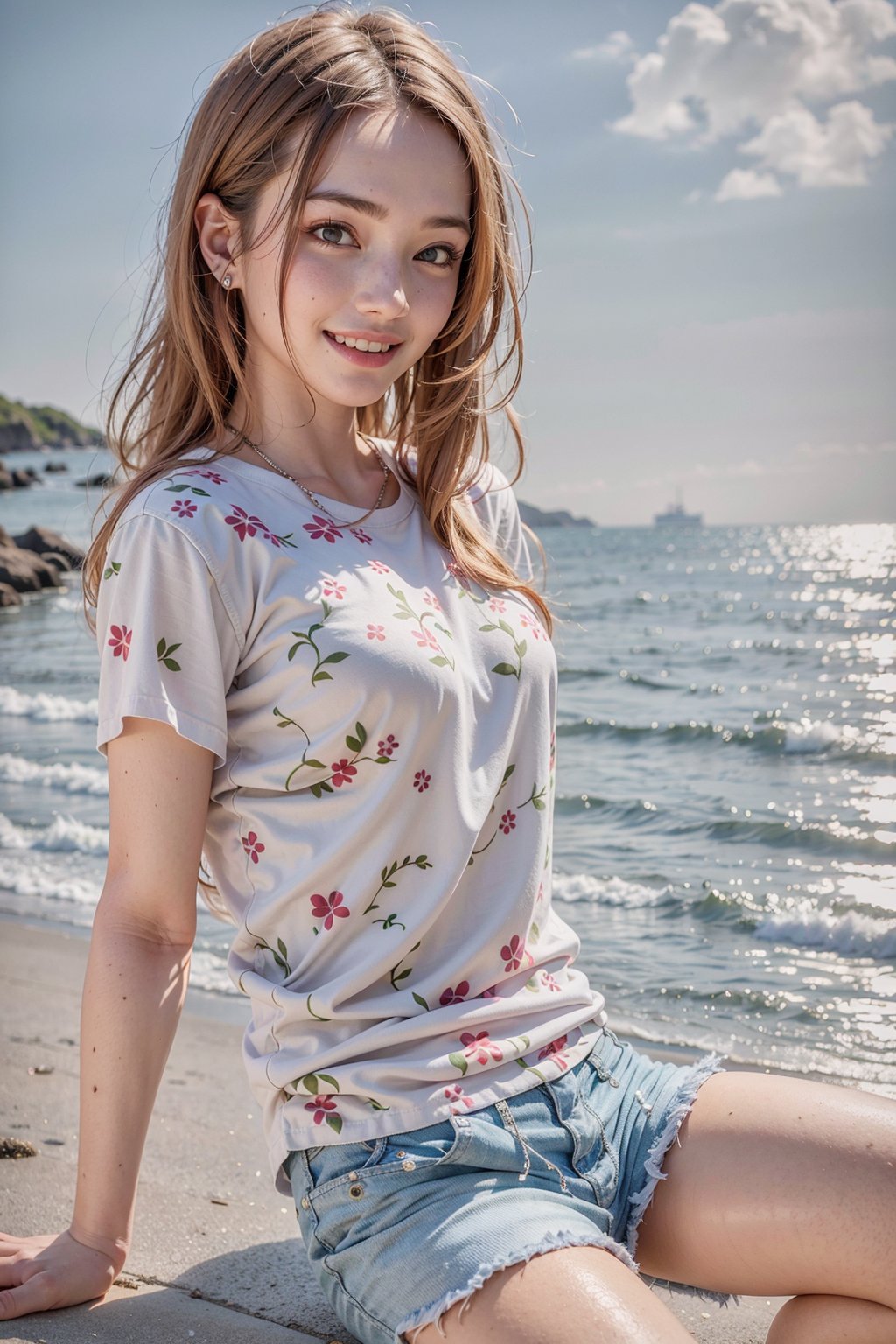 (masterpiece), best quality, ultra high res, 1girl, cowboy shot, (pale skin), (loose shirt, short pants:1.2), (long wavy hair:1.2), (beach, ocean), smile,