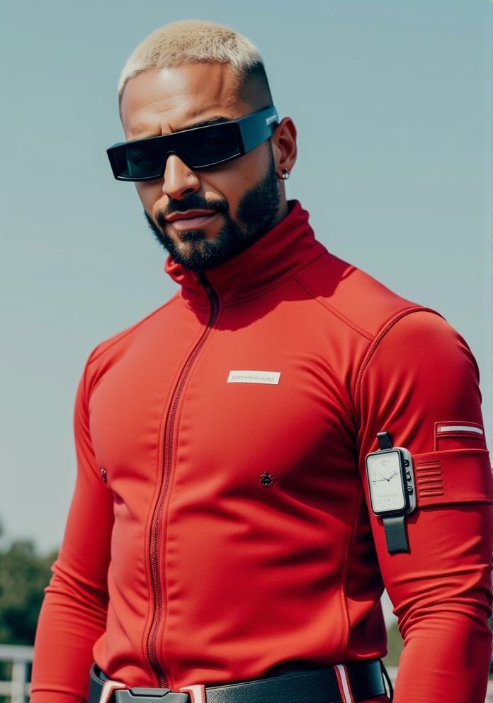 Maluma ,  Hi-res photo. He wears futuristic electronic glasses. He is wearing a light red,  close fitting flight suit made...