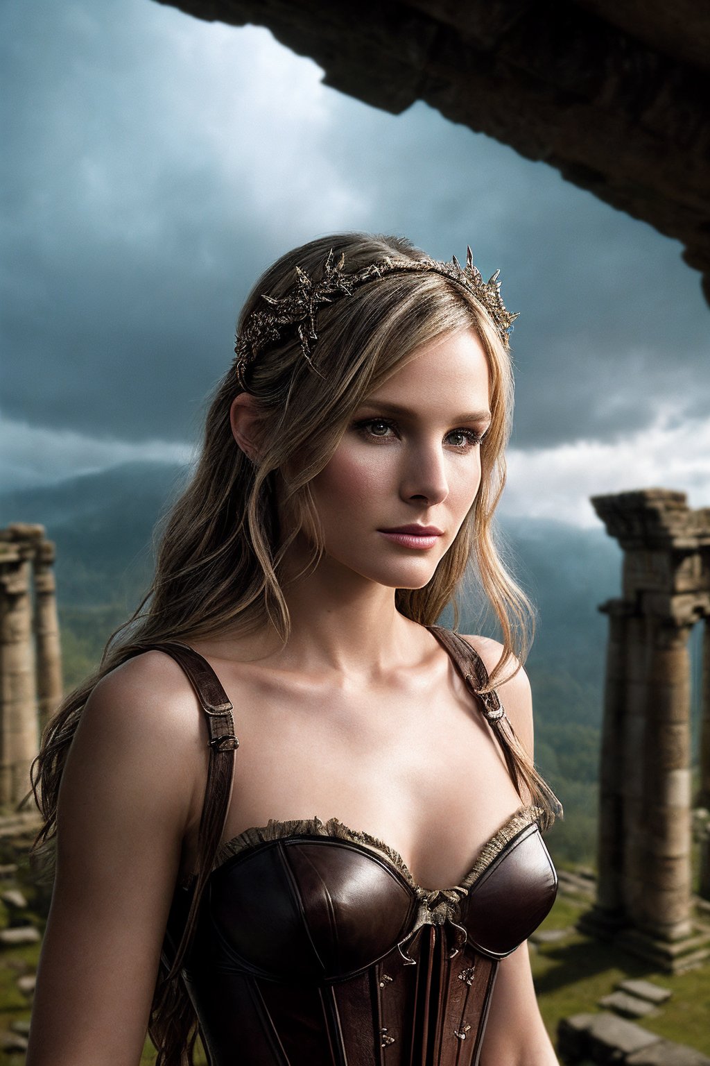 KristenB_SoloTI_v1,  (In a rugged,  fantasy-inspired outfit featuring a leather corset over a flowing by Solo on Tensor.Art