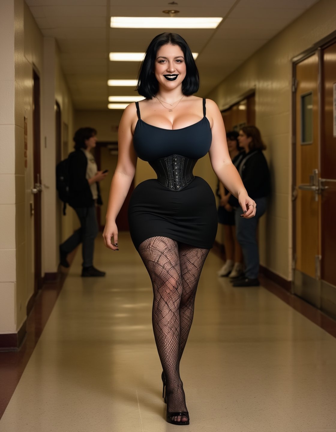 of a woman walking down a hallway in a college,  black hair,  bob cut by user_z on Tensor.Art