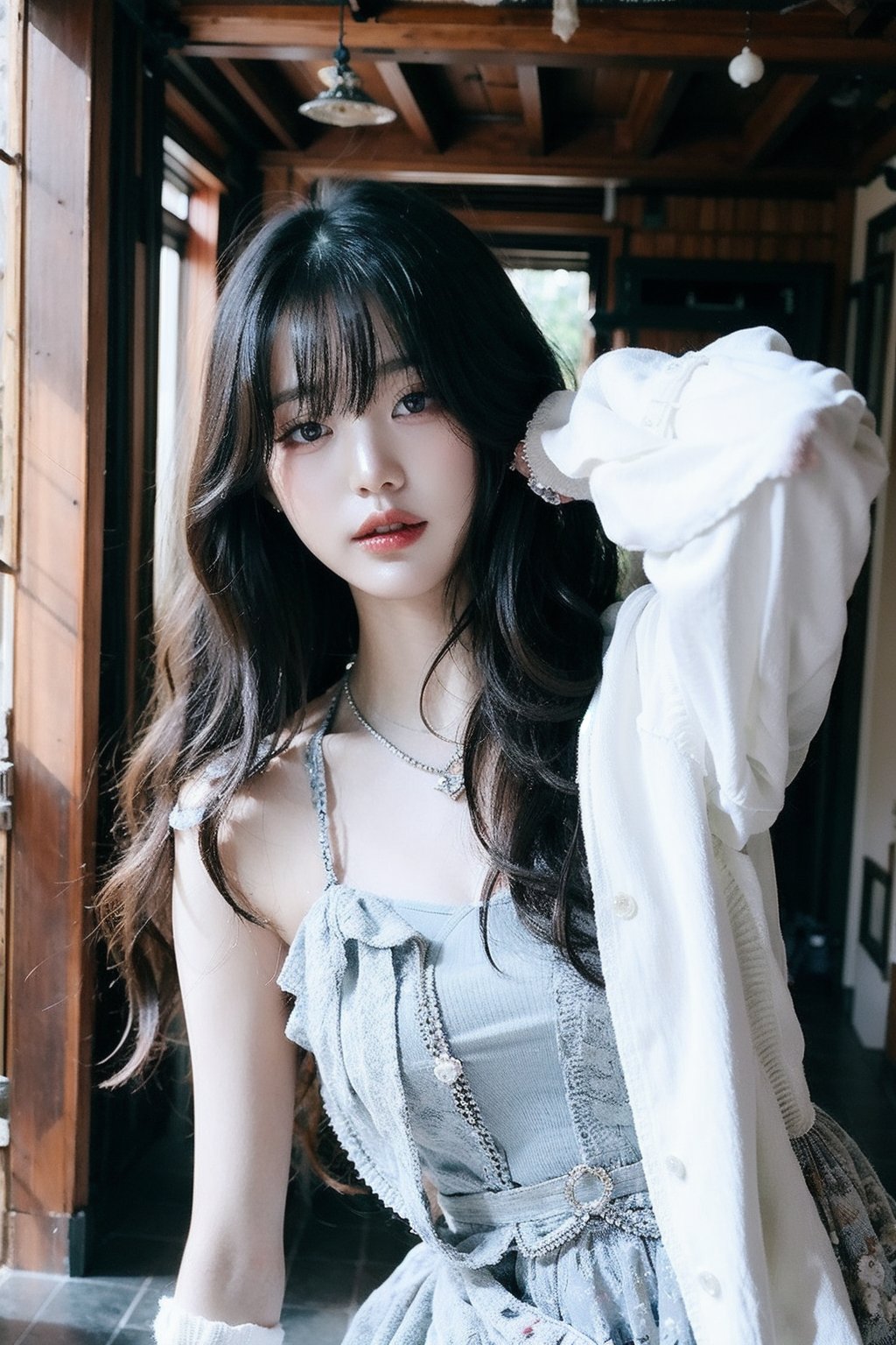 bright photo of beautiful korean girl with long black wavy hair wearing bohemian dress with silver necklace,  inside a rus...