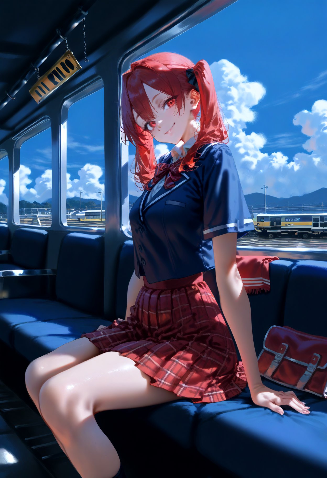 score_9, score_8_up, score_7_up, 1girl, from side, looking at viewer, red hair, red eyes, short twintails, straight hair, long hair, school uniform, light smile, medium breasts, sitting, train_station, cloud, 